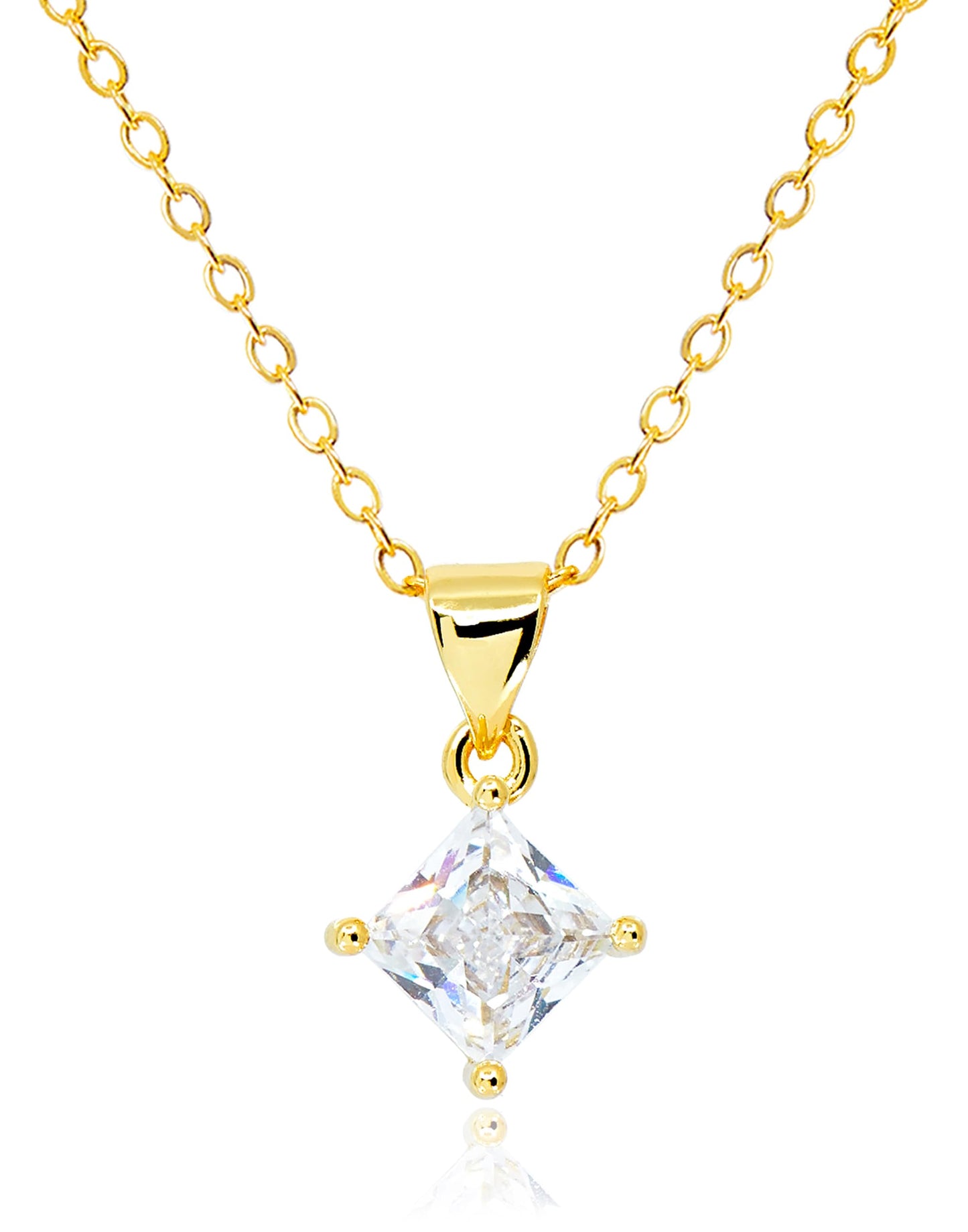 MUSEQVE 14K Gold Plated CZ Solitaire Necklace for Women • Princess Cut Square Rectangle Rhombus Cubic Zirconia Diamond Pendant Jewelry • Tarnish Free Adjustable Chain [CZN-RH-G]