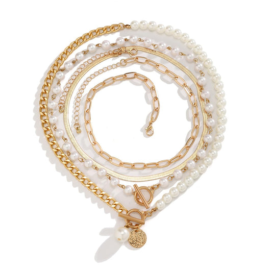 4 PCS Layered Gold Necklace for Women Chunky Gold Necklace Stack Paperclip Chain Pearl Necklace Herringbone Choker Necklace Fashion Jewelry Gifts