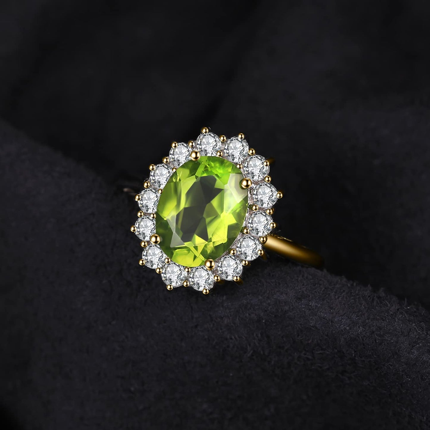 JewelryPalace Princess Diana Kate Middleton Gemstone Birthstone Genuine Peridot Halo Statement Engagement Rings for Women, 14K Yellow Gold Plated 925 Sterling Silver Promise Rings for Her Size 10.5