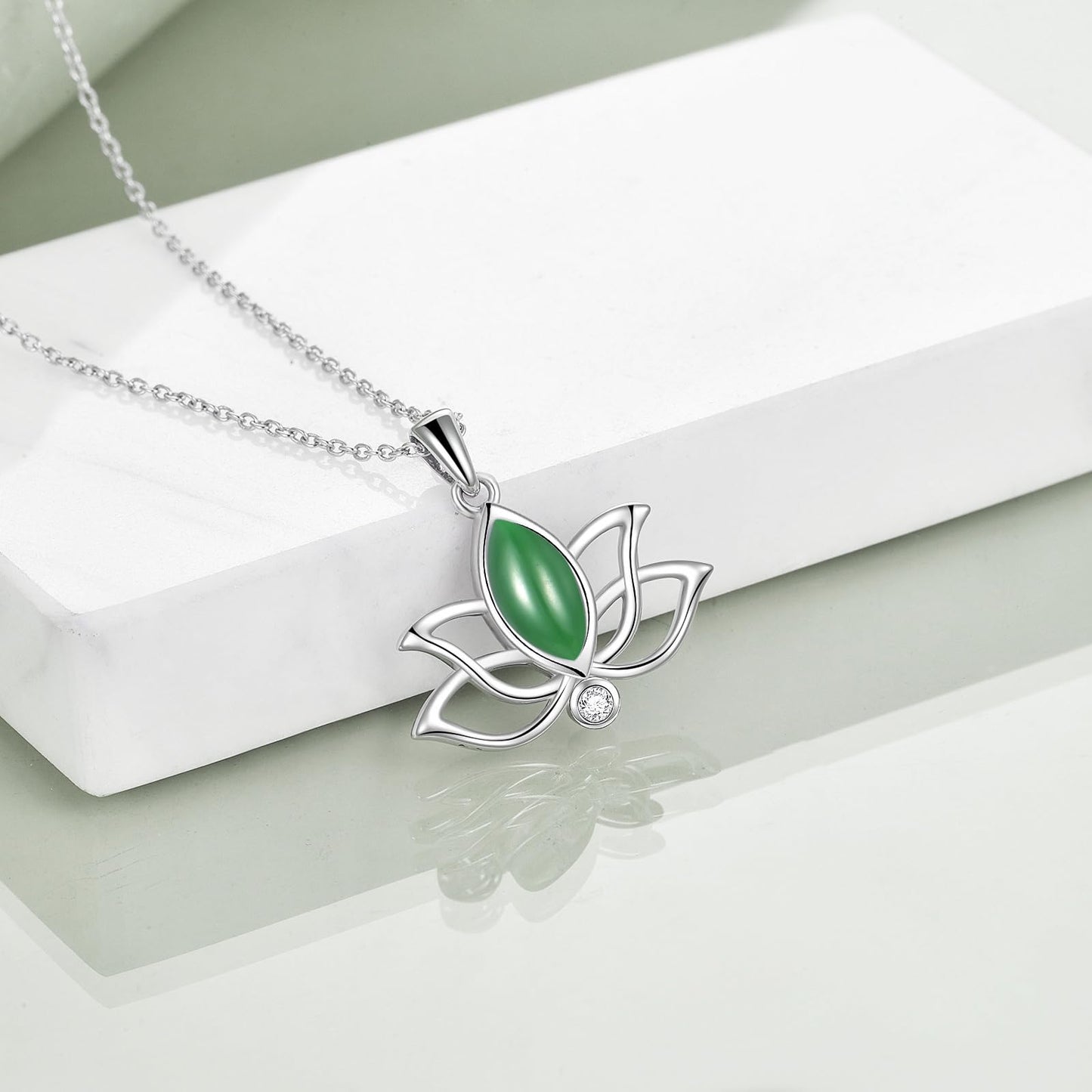 YFN Lotus Flower Necklace Sterling Silver Green Jade Lotus Pendant Lotus Jewelry Gifts for Women