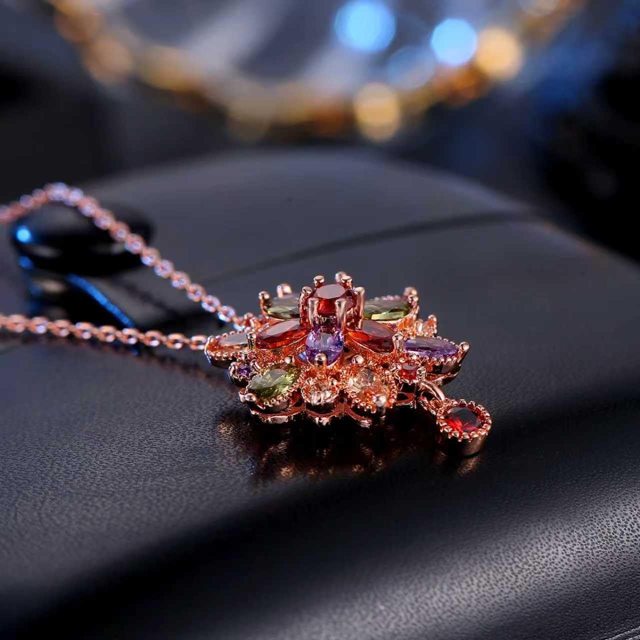 Kim Carrey Italian Elegant Rose Gold Necklace for Ladies | 18K Rose Gold Plated Necklace Pendant for Women | Gemstone necklace, Gift for Daughter, Wife, Mom, Her Jewelry (Ruby Pendant and Flower)