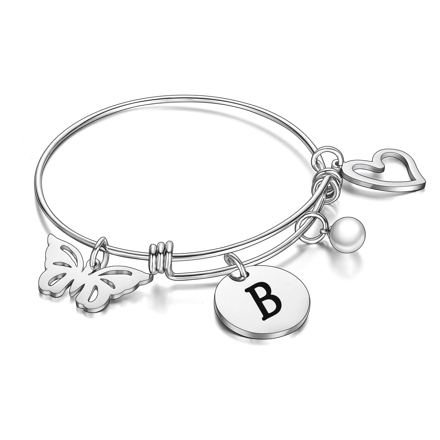 malyunin Initial Bracelet Charm Bracelets Heart Butterfly 26 Letters Alphabet Bracelet for Women Letter Bracelet Personalized Jewelry (B)