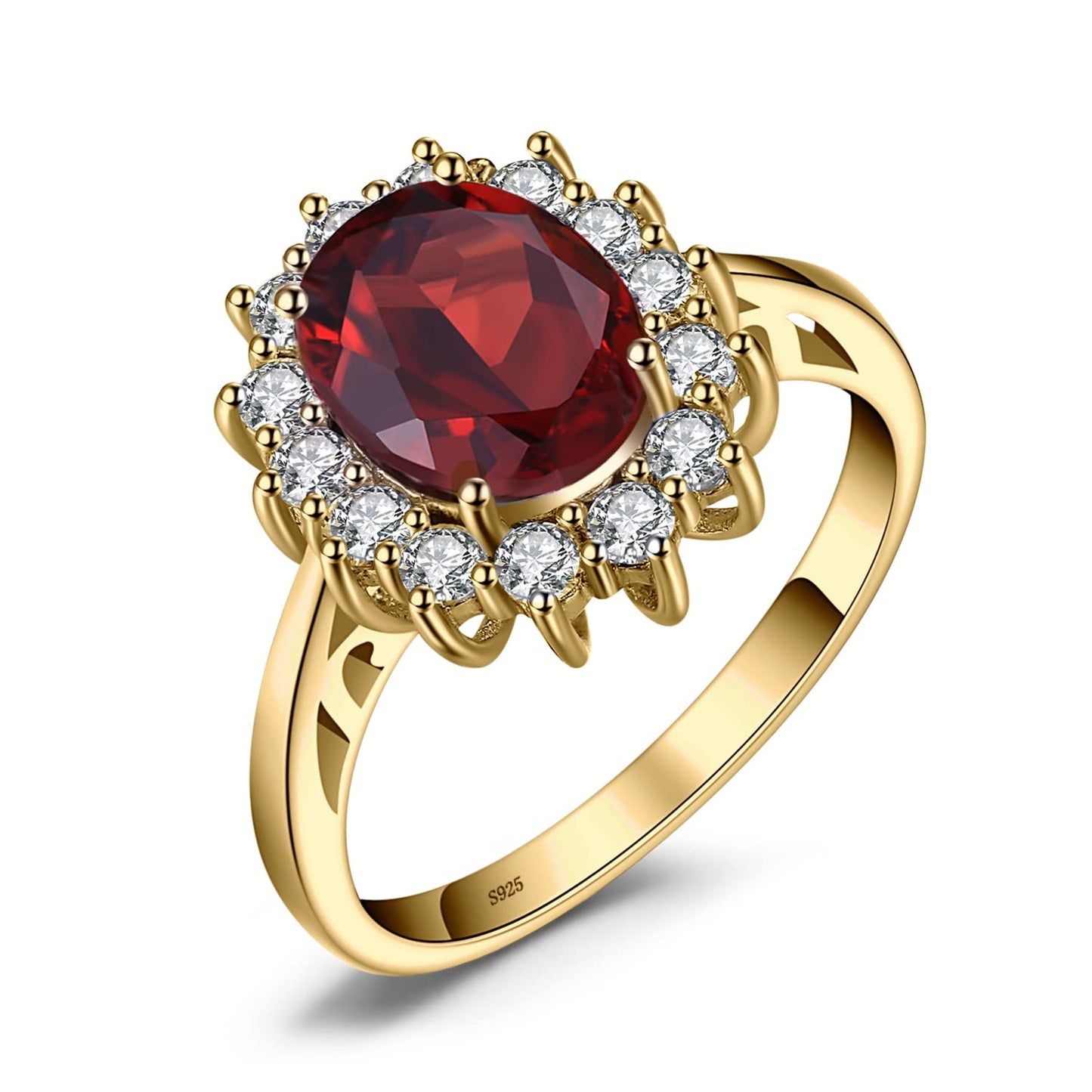 JewelryPalace Princess Diana Kate Middleton Gemstone Birthstone Genuine Red Garnet Halo Statement Engagement Rings for Women, 14K Yellow Gold Plated 925 Sterling Silver Promise Rings for Her Size 10.5