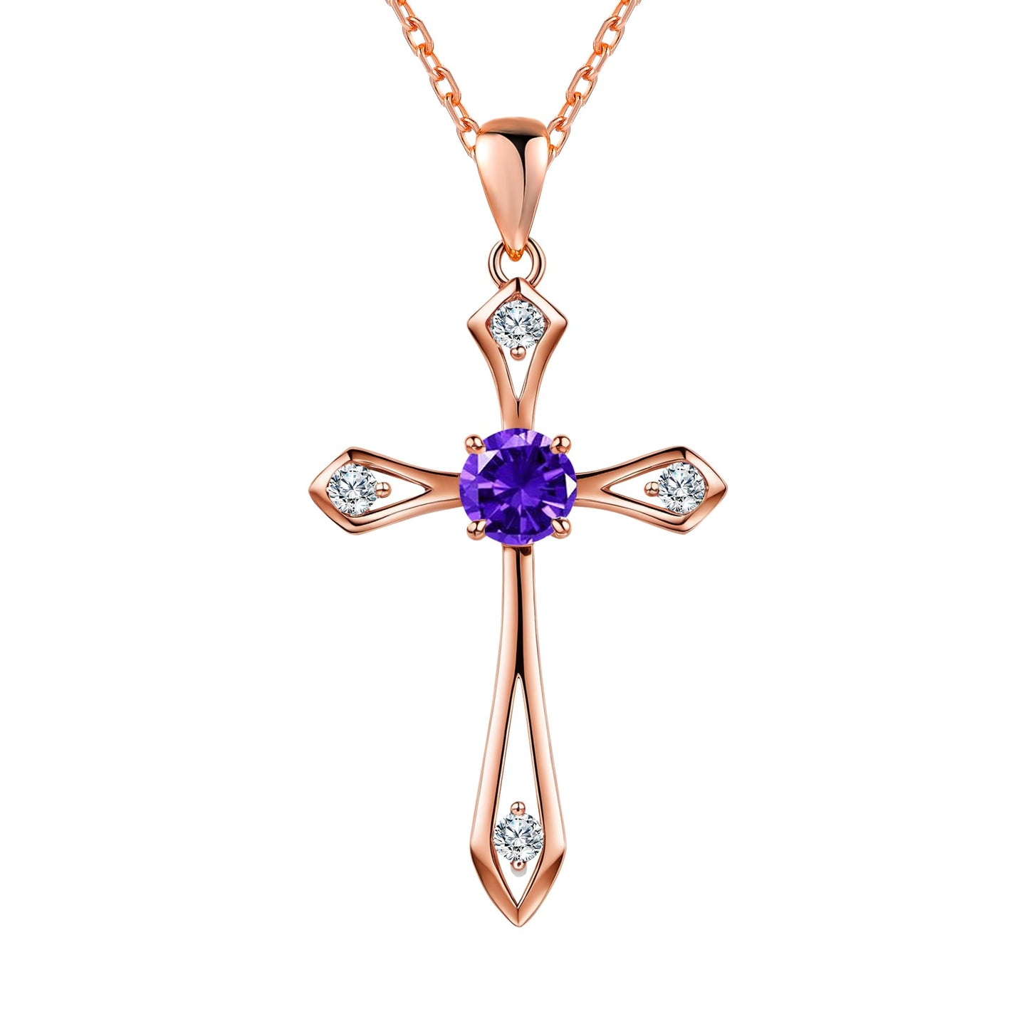 QUALISE Cross Necklace for Women,925 Sterling Silver Birthstone Necklace,Amethyst-February Birthstone Cross Necklace,Faith Religious Fine Jewelry Valentines Day Gifts Birthday Holiday Gifts for Her