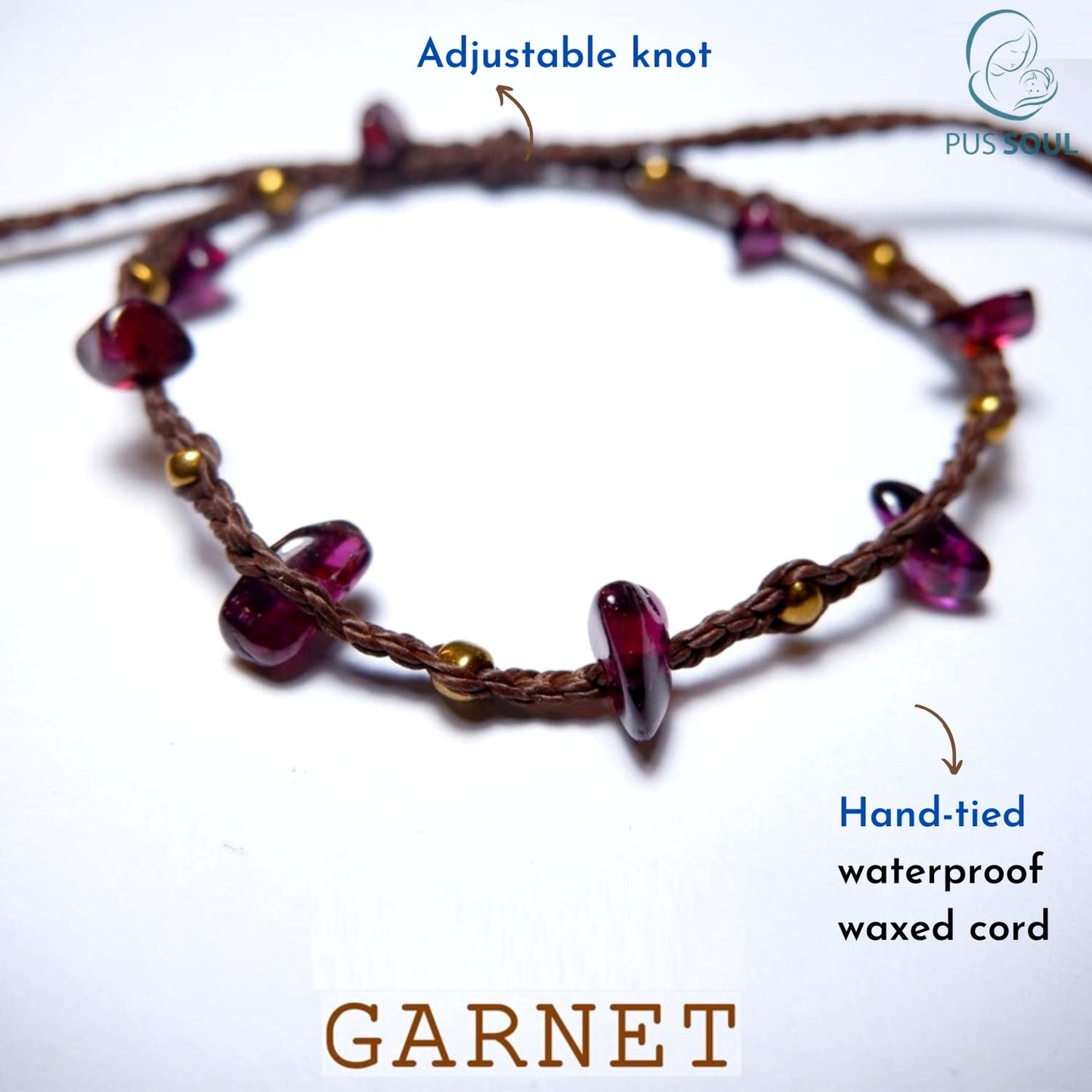 PusSoul Handmade Garnet Small Crystal Bracelet (6.5-7.5'') - Adjustable & Plus Size, Natural Healing Crystal Chips, Waterproof, Chakra Beaded - Unusual Jewelry for Women, Girl & Friendship from