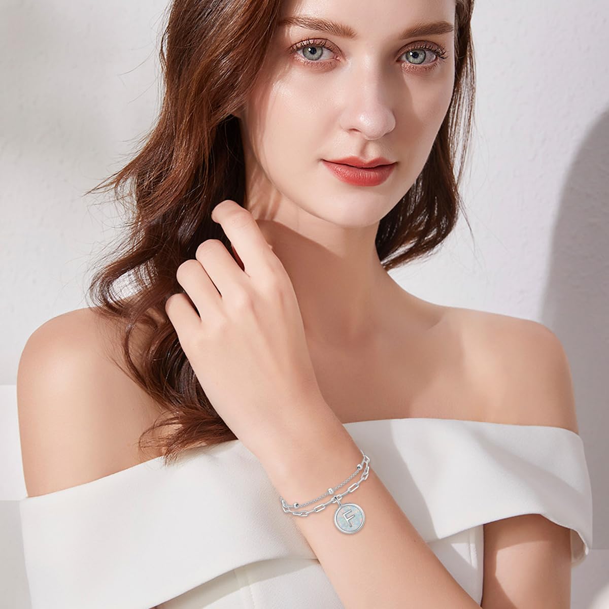 LWQQWL Initial F Bracelet for Women 925 Sterling Silver Layered Initial Bracelet Opal Letter 26 Alphabet Jewelry Christmas Gifts