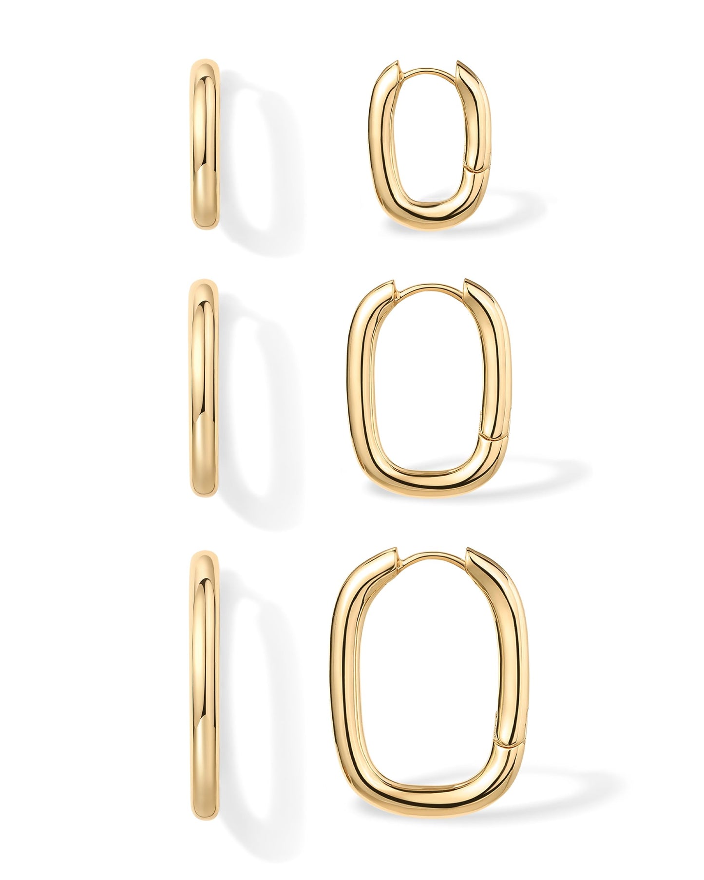PAVOI 18K Yellow Gold Plated 925 Sterling Silver Posts Three Pairs Geometric Chunky Hoop Earrings for Women - Lightweight Rectangle Huggie Gold Hoops Earrings Set Piercing Pack