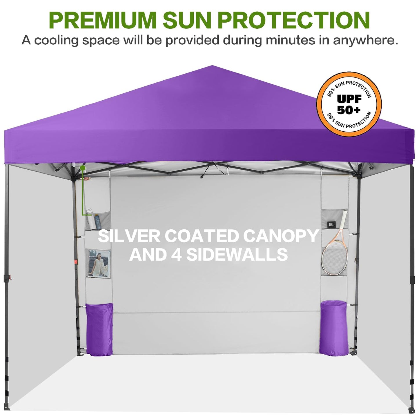 Tunbne 10X10 Comercial Pop Up Canopy Tent with 4 Sidewalls and 6 Pockets, One Push Setup Center Lock, for Beach Patio Outdoor, Case, 8 Stakes, 4 Ropes, 4 Sandbags (Purple)