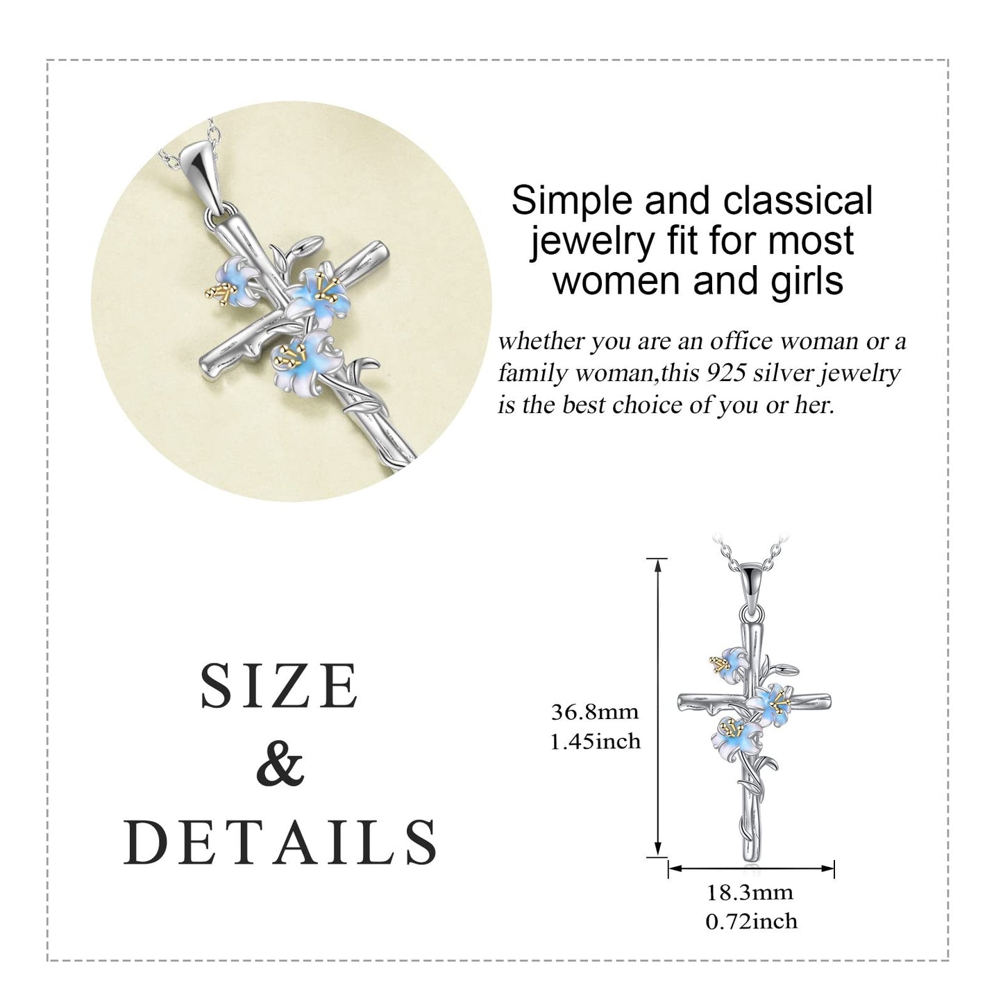 LUHE Women Cross Necklace Sterling Silver religious Lily Flower Cross Pendant Necklace Jewelry Gifts for Women