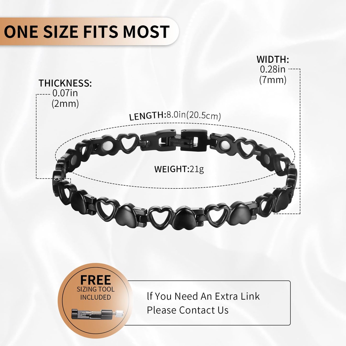 BioMag Magnetic Bracelets for Women Heart-shaped Titanium Steel Bracelet with 10pcs 3500 Gauss Magnets Jewelry Gift with Sizing Tool (Black)