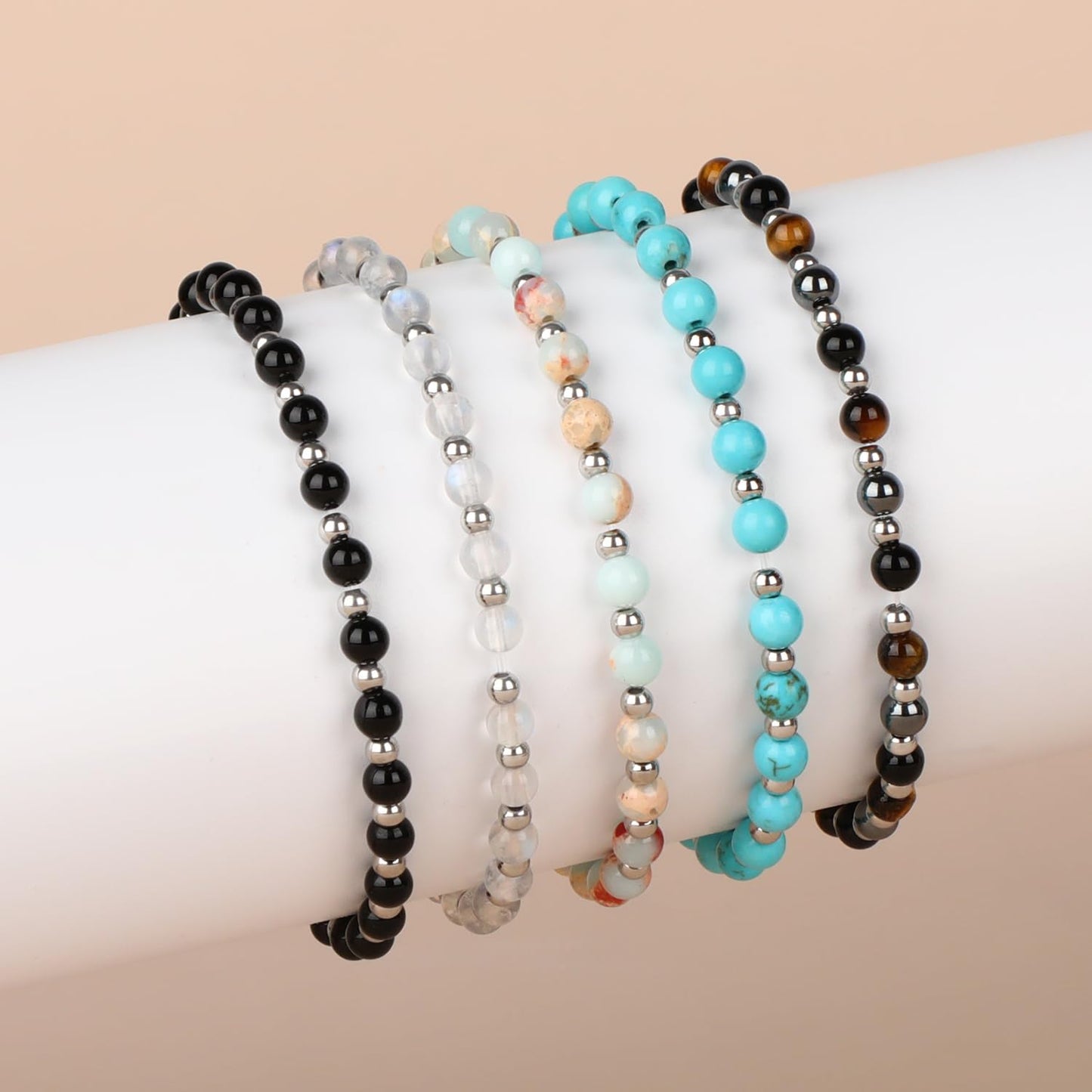 QOGIR Triple Protection - Onyx Hematite Tiger - Stainless Silver Beads Natural Gemstone Stretch Elastic Dainty Healing Beaded Bracelets Gifts 4mm