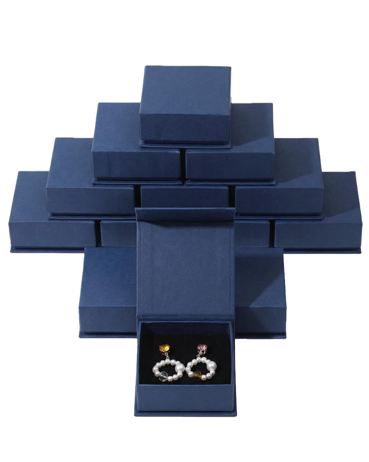 Jewelry Gift Box Set, 12 Pieces Flip-Up Velvet Foam Filled Square Jewelry Boxes for Necklaces, Earrings & Rings, Cardboard Paper Gift Case, Velvet Jewelry Box, 3.93 x 3.93 x 1.26 Inches (Dark Blue)