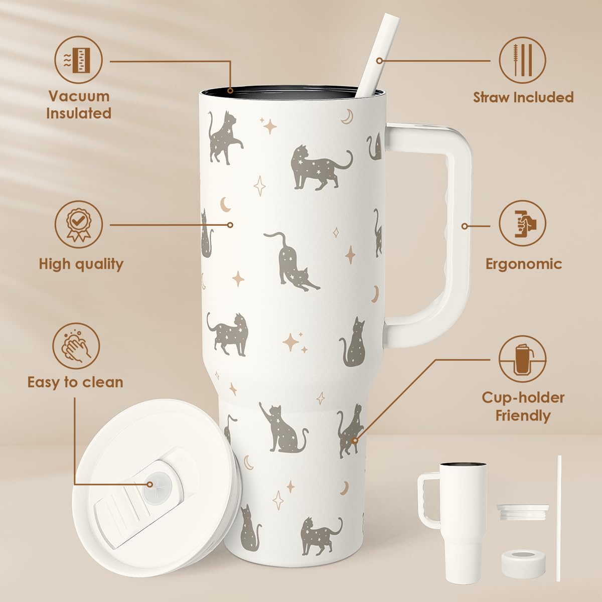 Gift for Cat Lovers Cat Mom – 40oz Stainless Steel Tumbler with Handle and Straw - Travel Coffee Mug for Women, Gift for Birthday, Christmas