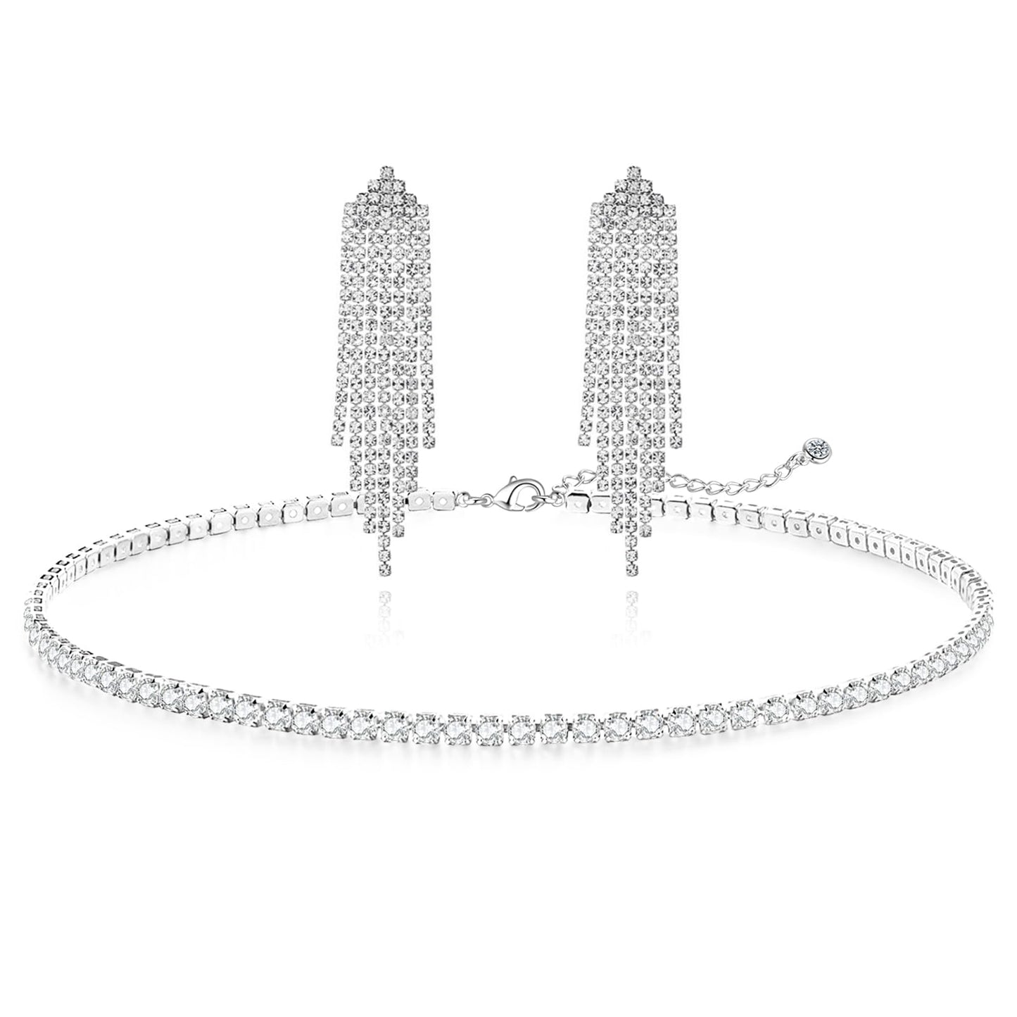Zeffy Tennis Necklace Jewelry Sets for Women, Rhinestone Earrings Dangling for Women, rhinestone choker necklaces with White AAA Cubic Zirconia, Bridal Jewelry Set for Wedding