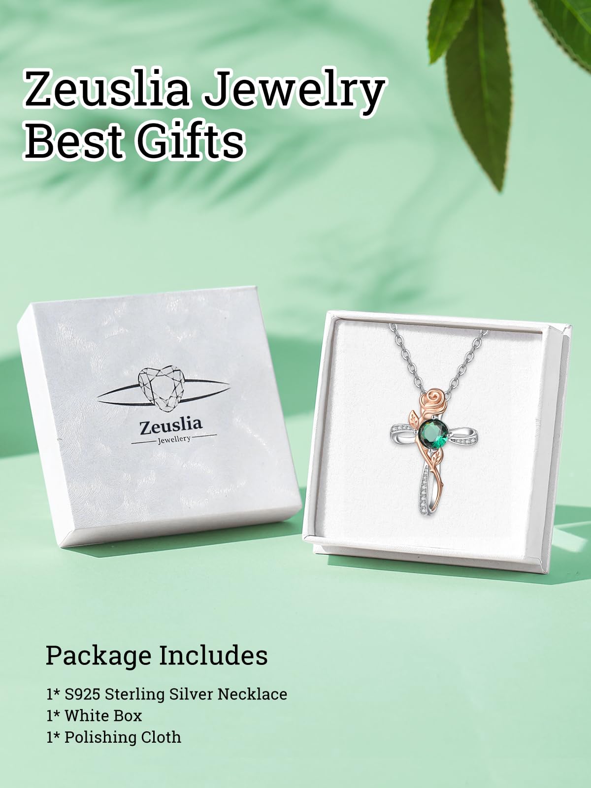 Zeuslia Cross Necklace for Women Sterling Silver Cross Pendant Jewelry with Rose Emerald May Birthstone Necklace Christian Religious Baptism First Communion Confirmation Birthday Gifts for Women
