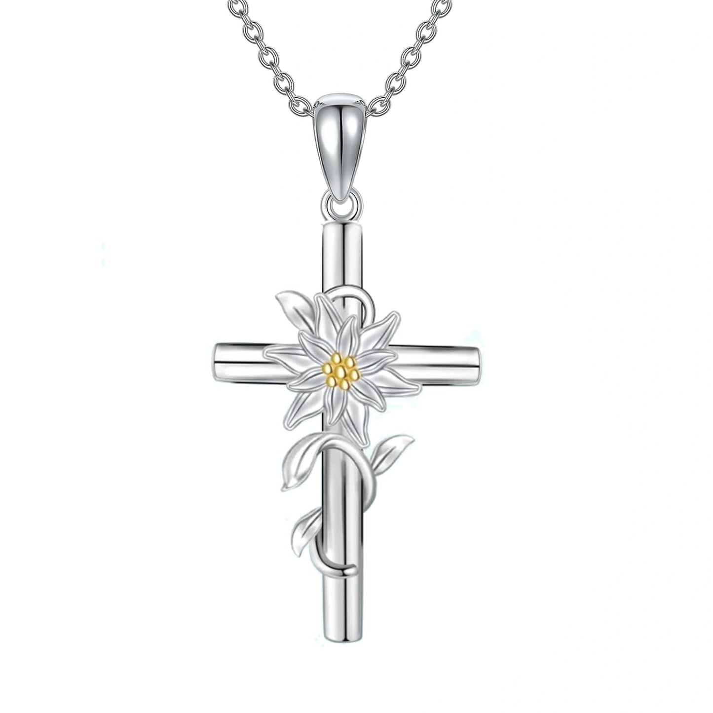 Edelweiss Necklace for Women 925 Sterling silver Edelweiss Cross Pendant Flower Jewelry Valentine's Day Gifts