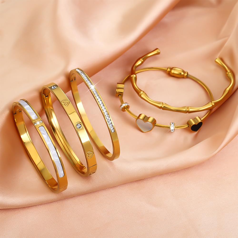 Womens 18K Gold Plated Bangle Bracelet Set 5Pcs Stackable Bangles Waterproof Stainless Steel Mother of Pearl Heart Cubic Zirconia Jewelry Gifts for Women