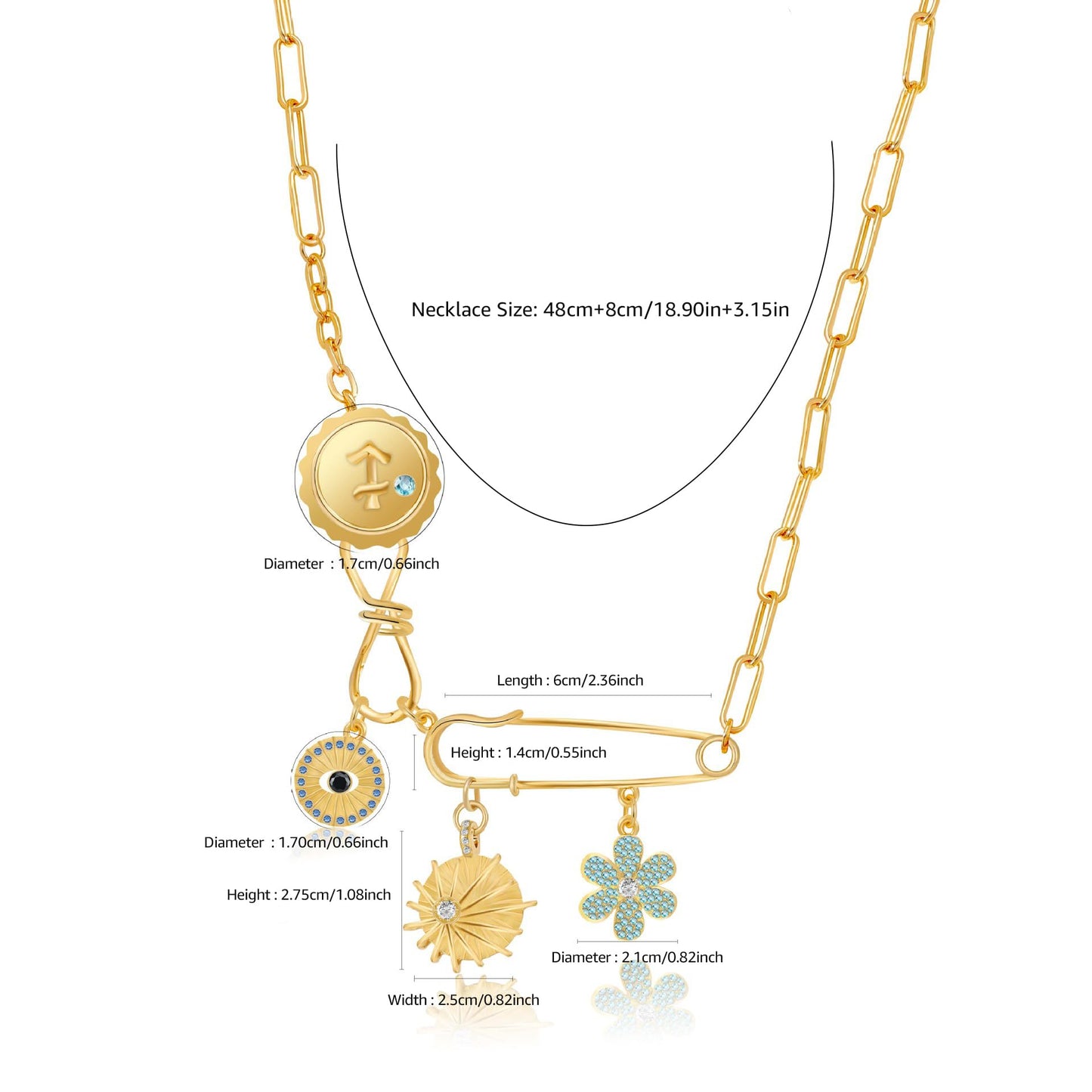 MISS RIGHT Charm Necklace for Women Dainty Gold Evil Eye Safety Pin Necklace, Good Luck Sun Coin Charms Pendant Paperclip Chain Necklace Amulet Jewelry Gift Blue Flower