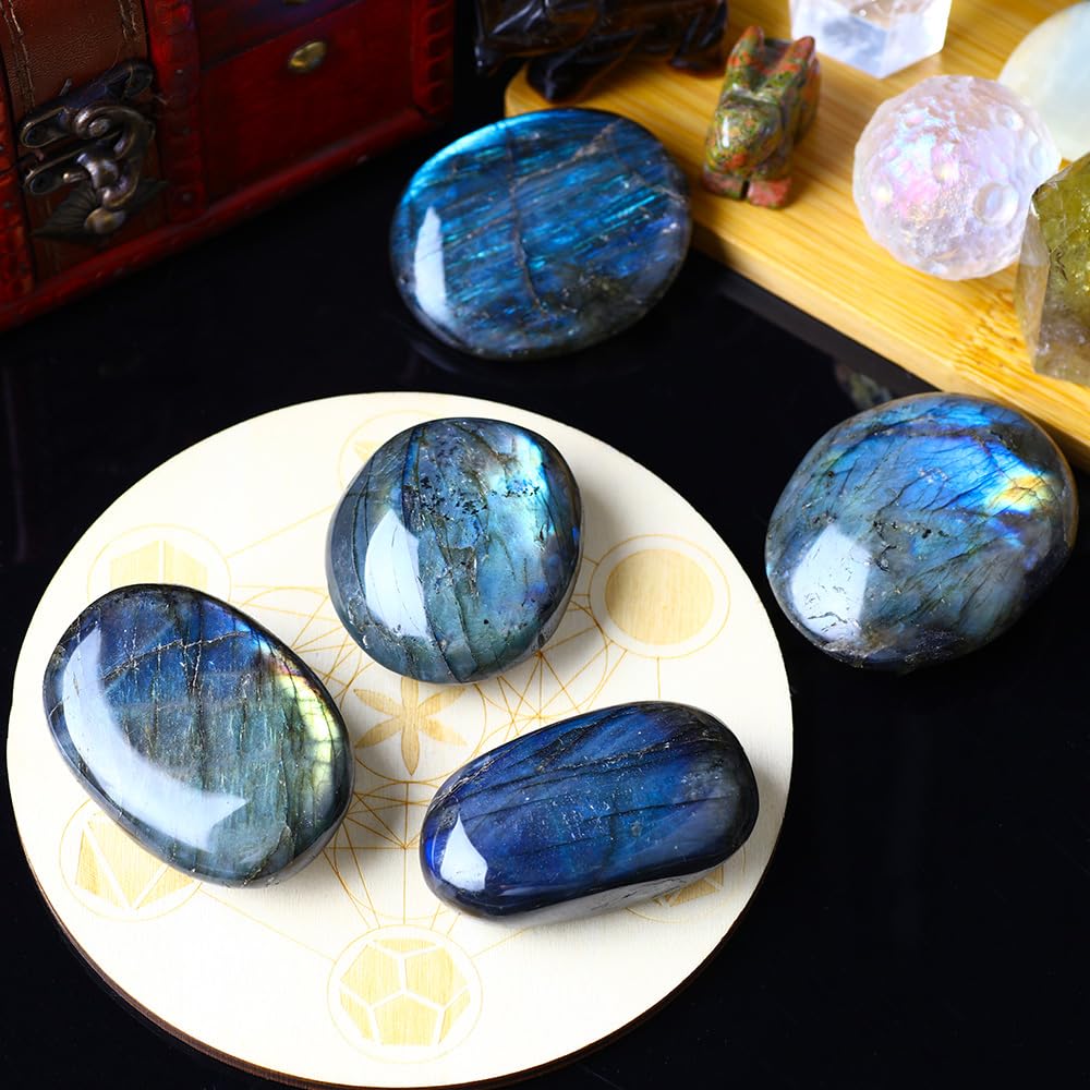 Labradorite Palm Stone Crystal Natural Chakra Reiki Polished Healing Pocket Worry Stone Crystal for Anxiety Stress Relief Therapy