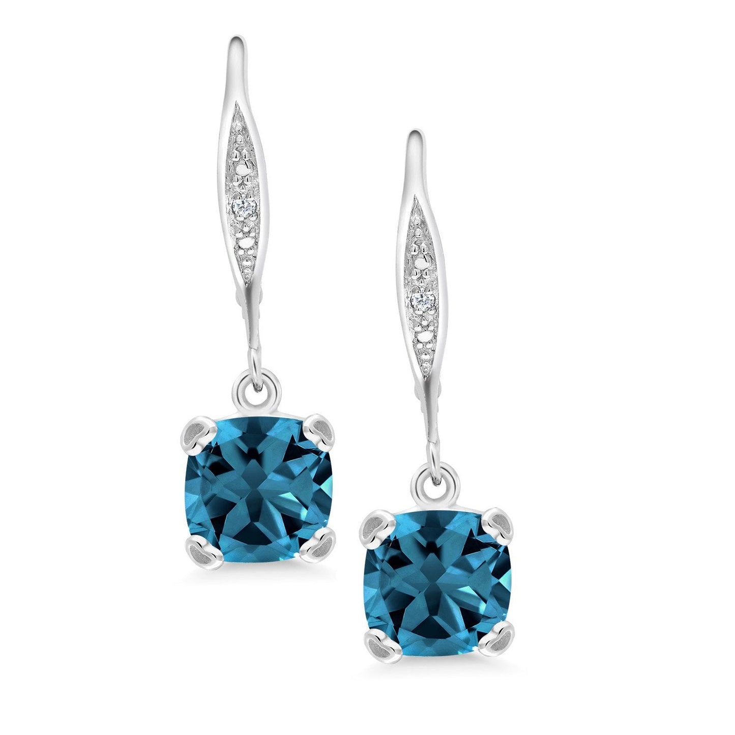 Gem Stone King Drop Dangle Earrings For Women | 7MM Cushion Cut Gemstone Birthstone and Diamond | 925 Sterling Silver | Jewelry Gift for Mom Wife Her | London Blue Topaz-November | Sterling Silver