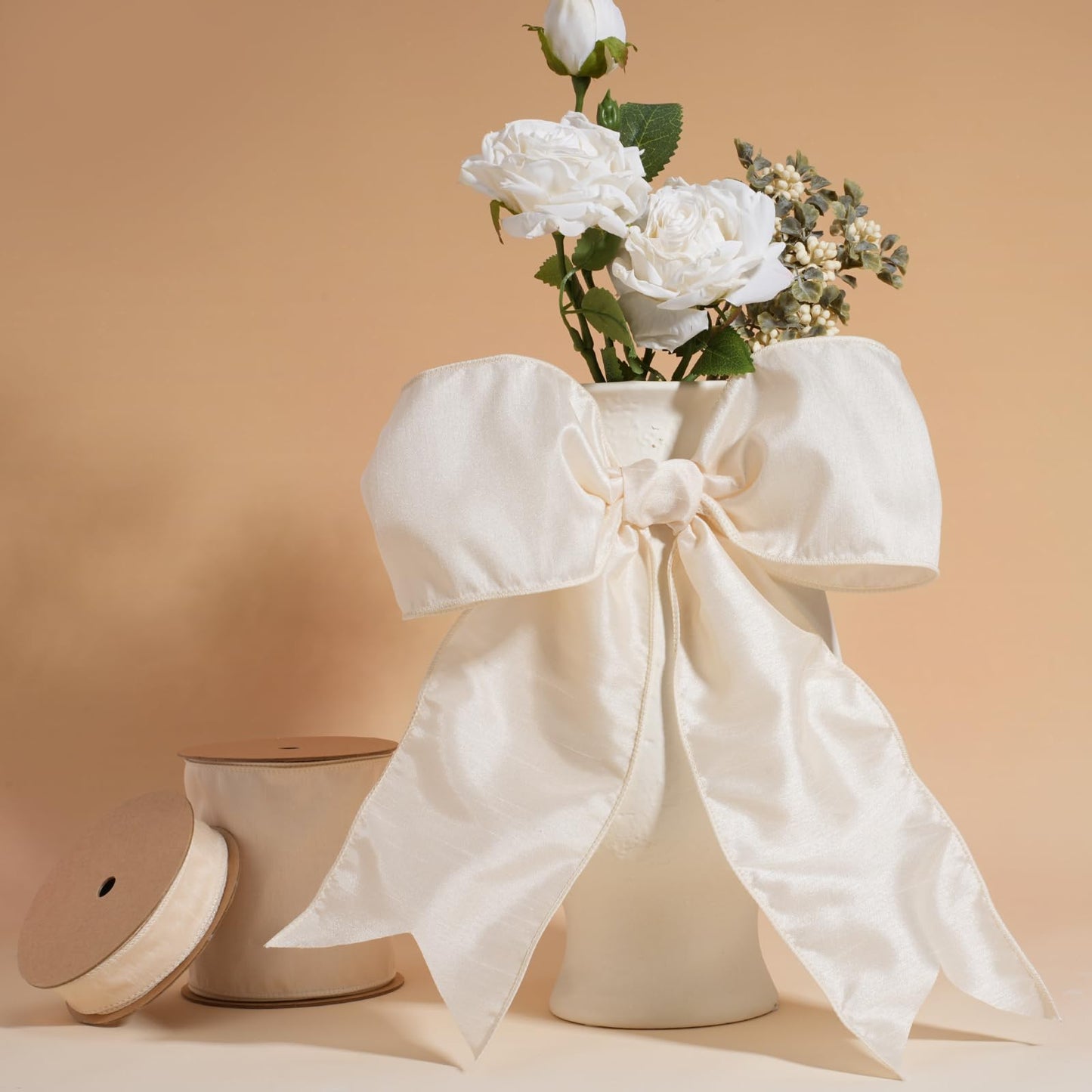 LaRibbons Ivory Ribbon Wired 4 Inch x 10 Yards Dupioni Ribbon with Wired Edge for Wreaths, Bows and DIY Decorations