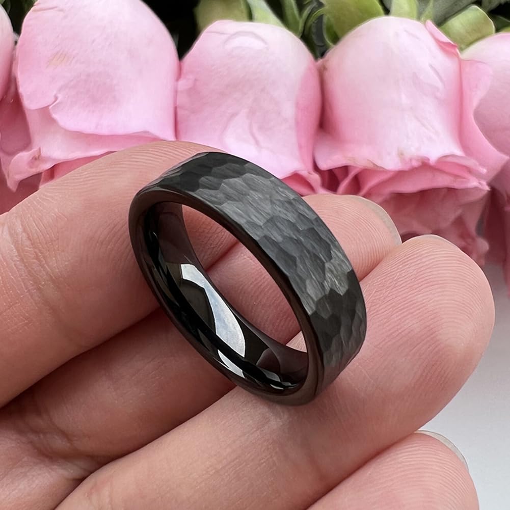 TUTISS 6mm Black Hammered Tungsten Carbide Rings for Men Women Fashion Engagement Wedding Bands Matte Finish I Love You Engraved Comfort Fit Size 10