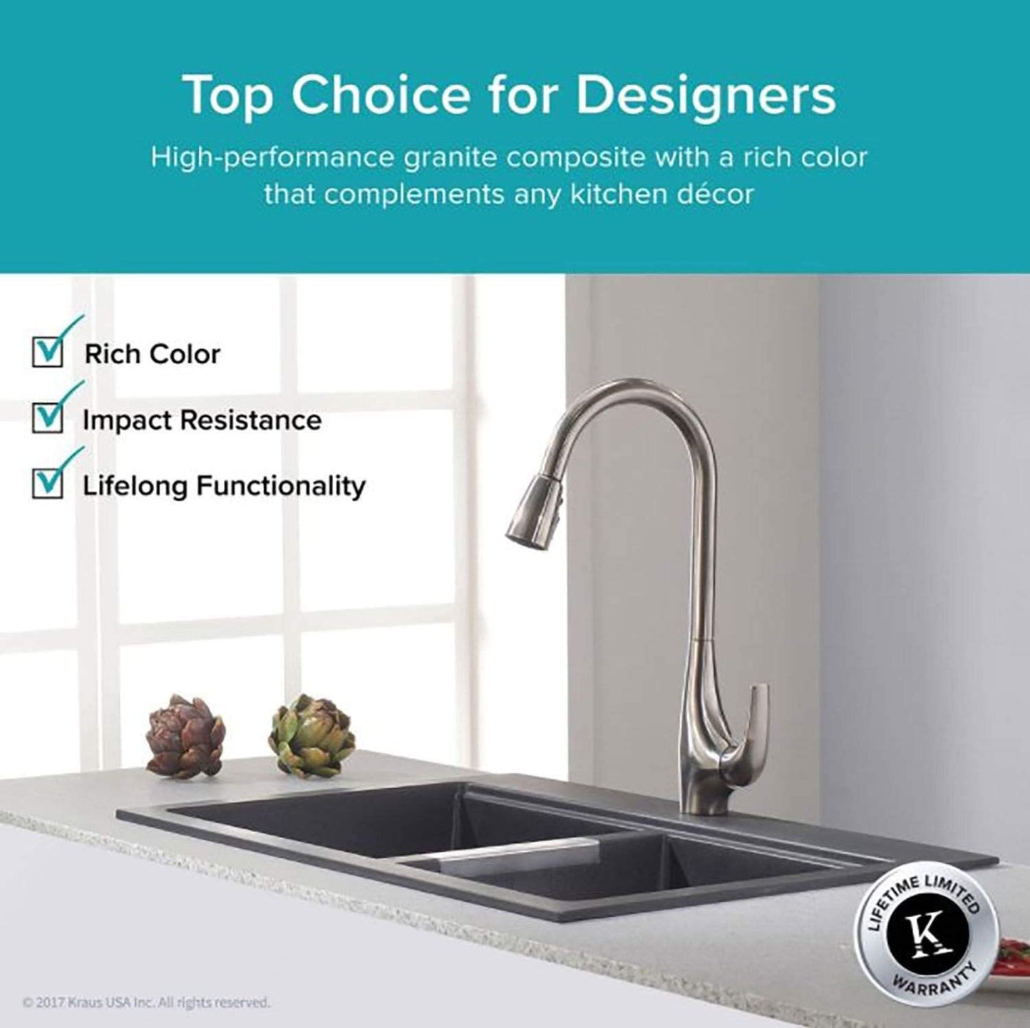 KRAUS Quarza 33-inch Drop-In/Undermount 50/50 Double Bowl Granite Kitchen Sink in Black Onyx, KGD-433B