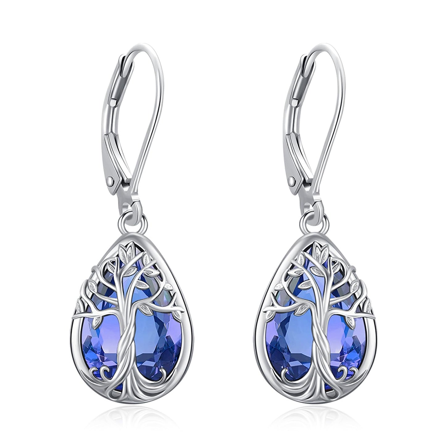 Eusense Tree of Life Dangle Earrings 925 Sterling Silver Jewelry Teardrop Dangle Tanzanite Earrings for Women Leverback Birthstone Jewelry Gift