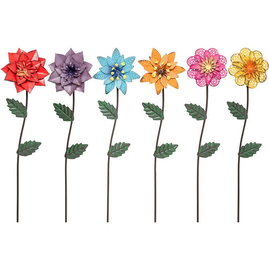 YEAHOME Garden Decor for Outside, 6 Pack Flower Garden Stakes Outdoor Decor Metal Shaking Head Yard Art, Weather Proof Flower Stakes for Yard Porch Lawn Pathway Pot Decorations(Multi-Color)