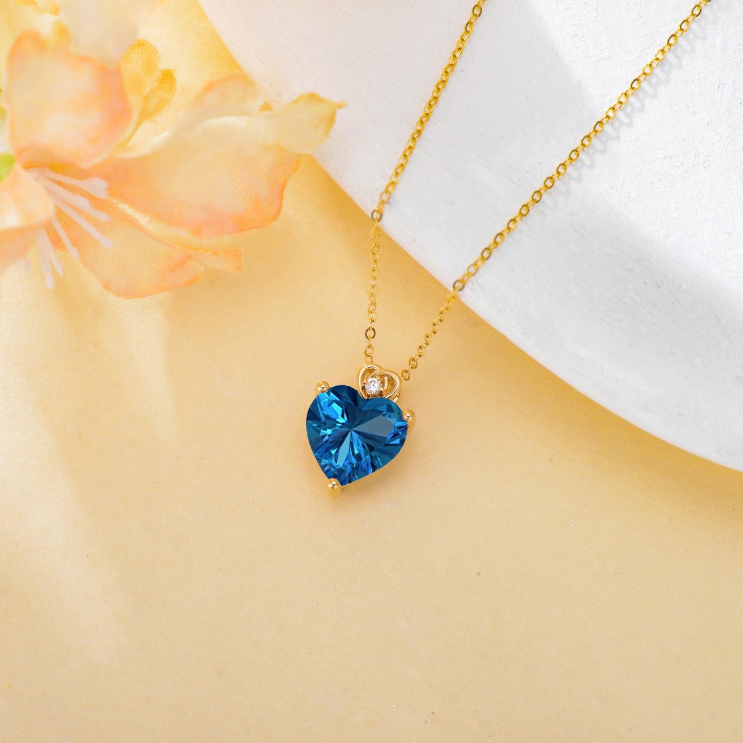 NFYBD 14k Gold Love Heart London Blue Topaz Birthstone Pendant Necklace for Women 3 Carat Heart-cut Created Gemstone Anniversary Birthday Mother's Day Necklaces for Her 16+1+1 inch