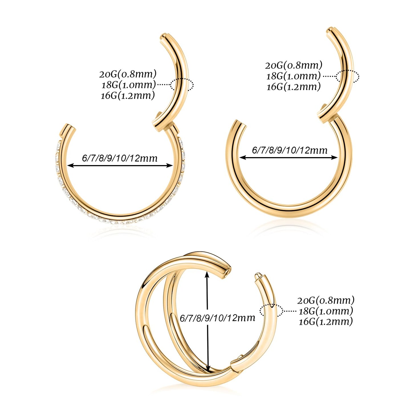 Septum Ring 6mm Septum Jewelry Double Hoop Septum Clicker Gold Conch Piercing Jewelry Nose Ring Hoop 20g Cartilage Earring with CZ Lip Rings Nose Hoop Surgical Steel Helix Earrings Nose Jewelry