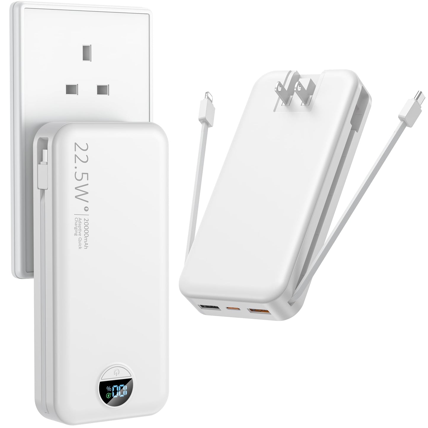 Ffnpua Portable Charger with Wall Plug, 20000mAh USB C Power Bank Fast Charging, External Battery Pack with Built in Cables, Digital Display, 5 Output 2 Input for iPhone Android Cell Phone Tablet
