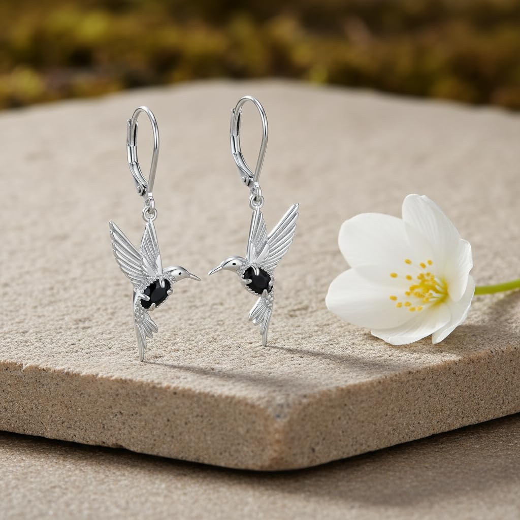 BETHZA Hummingbird Earrings 925 Sterling Silver Natural Black Onyx Hummingbirds Drop Dangle Earring Animal Jewelry Gifts for Women