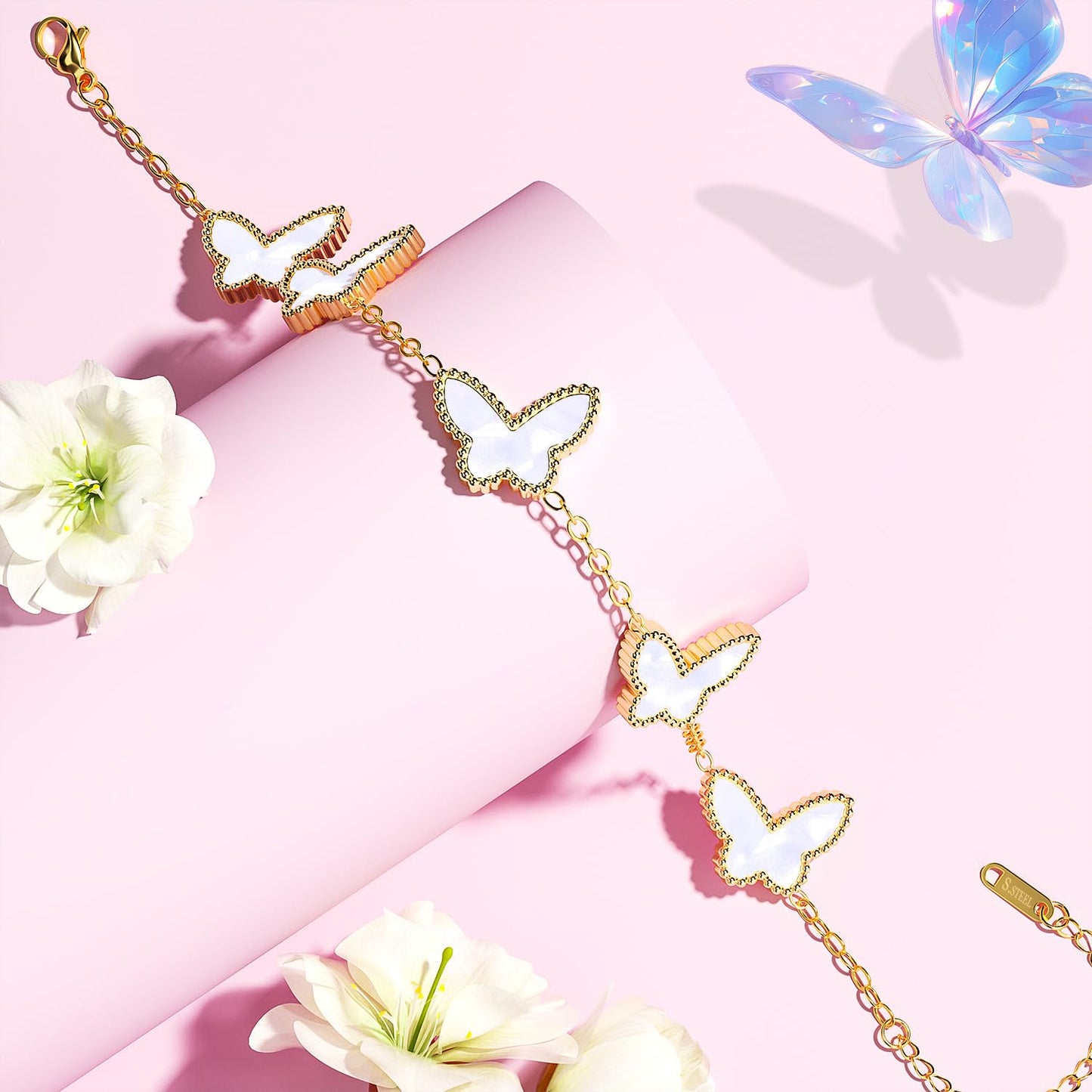 AICase 18K Gold Plated Clover Bracelet Dupes White Bracelet Set for Women Butterfly Flower Leaf Lucky Clover Bracelets Trendy Jewelry Birthday Gifts for Women/MoM/Friends_White