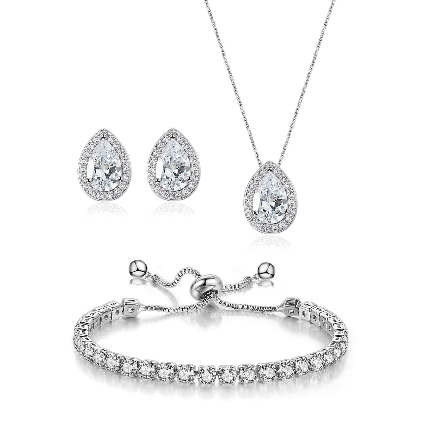 UDYLGOON Teardrop CZ Bridal Jewelry Set Imitation Diamond Earrings Necklace Bracelet for Bride Bridesmaids Wedding Prom Party (Tennis-Clear)