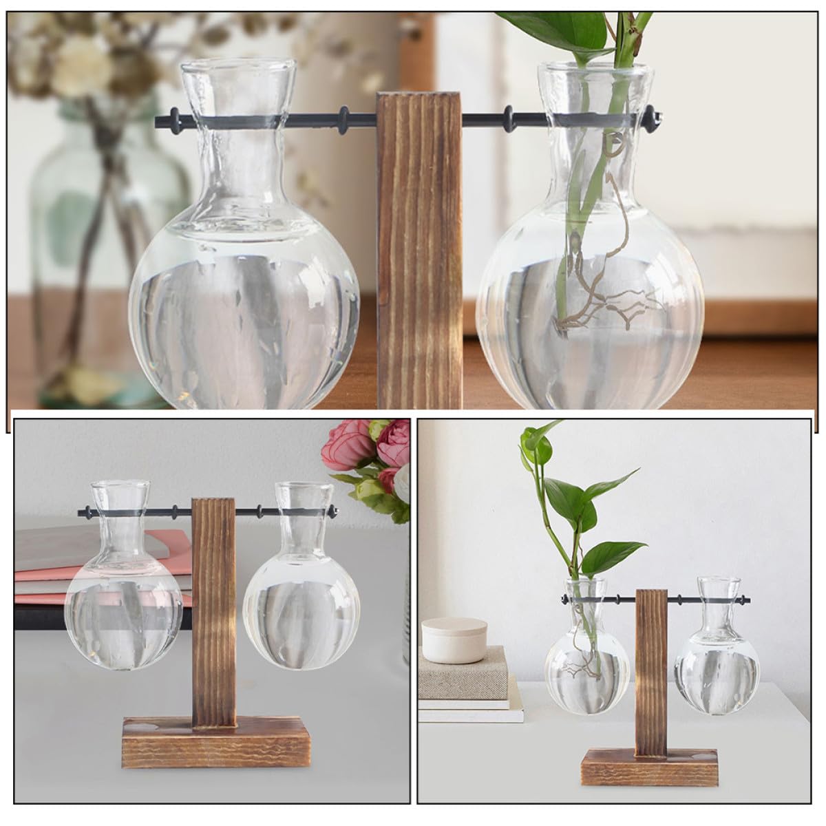 ARTIBETTER 3Pcs High Borosilicate Glass Hydroponic Vase with Holes on Wooden Stand, Desktop Glass Flower Planter for Plant Propagation and Terrarium Arrangement