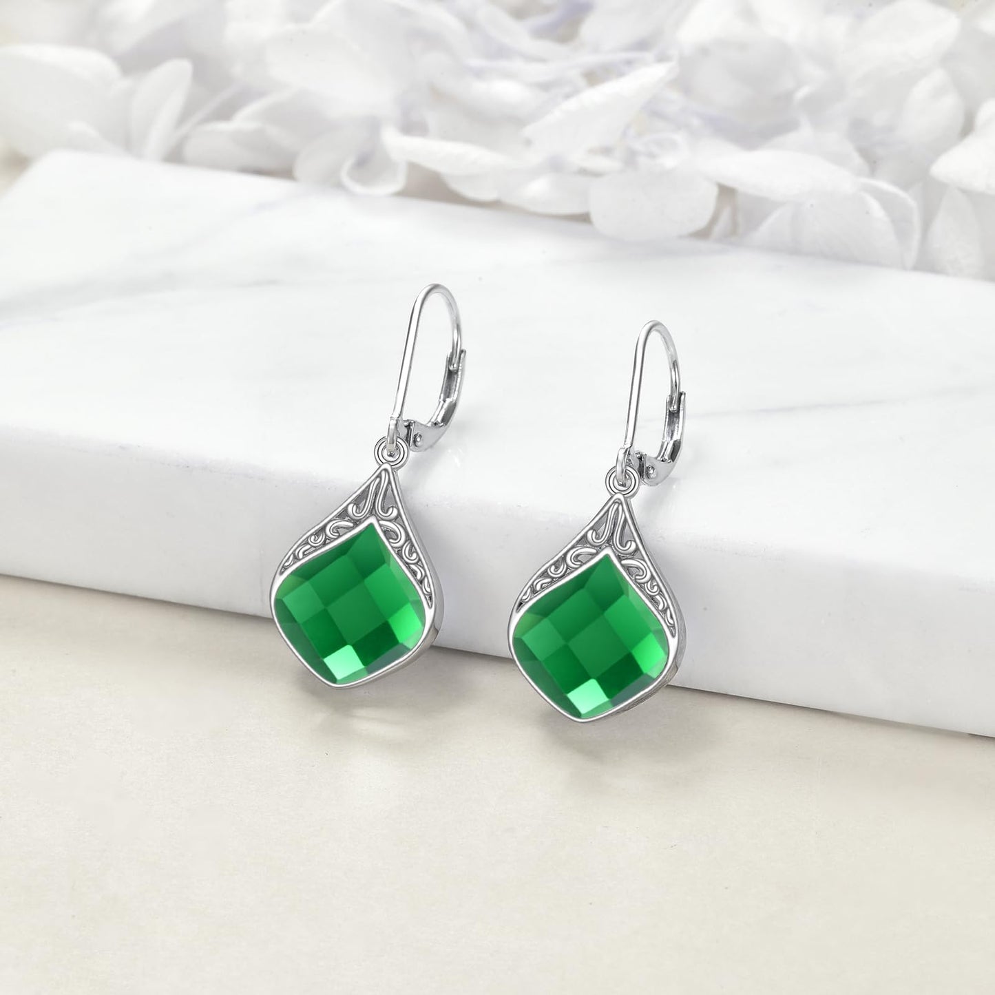 Emerald Drop Earrings Sterling Silver Green Stone Teardrop Dangle Earrings Filigree Irish Earrings Jewelry Christmas Gifts for Women