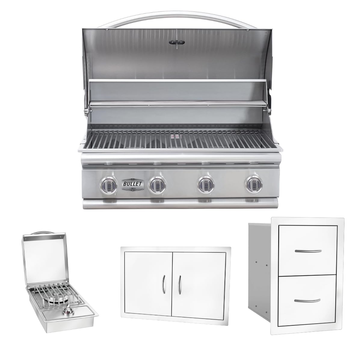 Bullet by Bull Stainless Steel Outdoor Kitchen Grill Set - Built-In Liquid Propane Grill -BBQ Kitchen Island Bundle - Includes 4 Burner Grill, Side Burner, Double Access Door & Double Storage Drawer