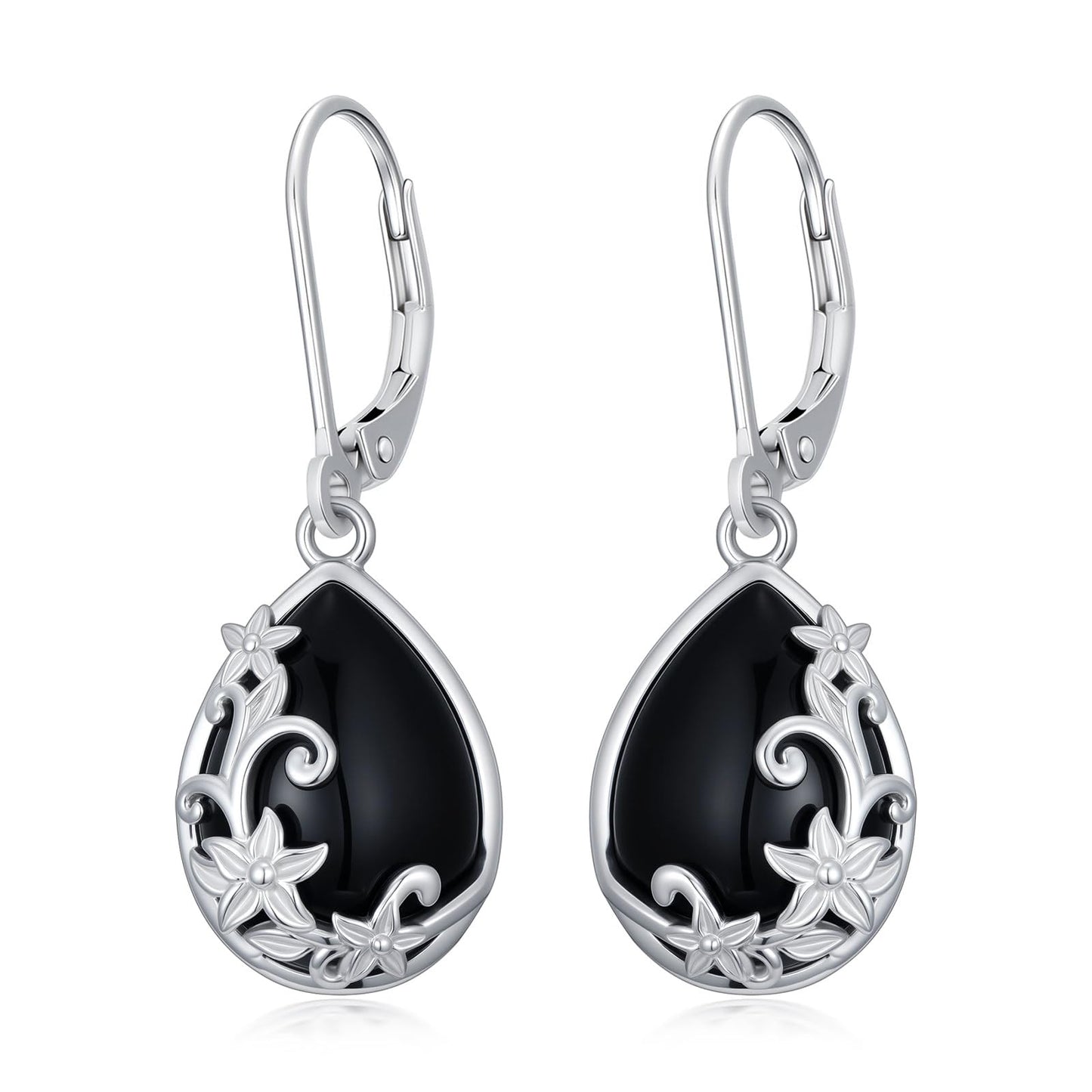 Black Onyx Earrings for Women 925 Sterling Silver Filigree Black Onyx Dangle Drop Earrings Teardrop Leverback Jewelry Mothers Day Gifts for Mom Girlfriend Wife