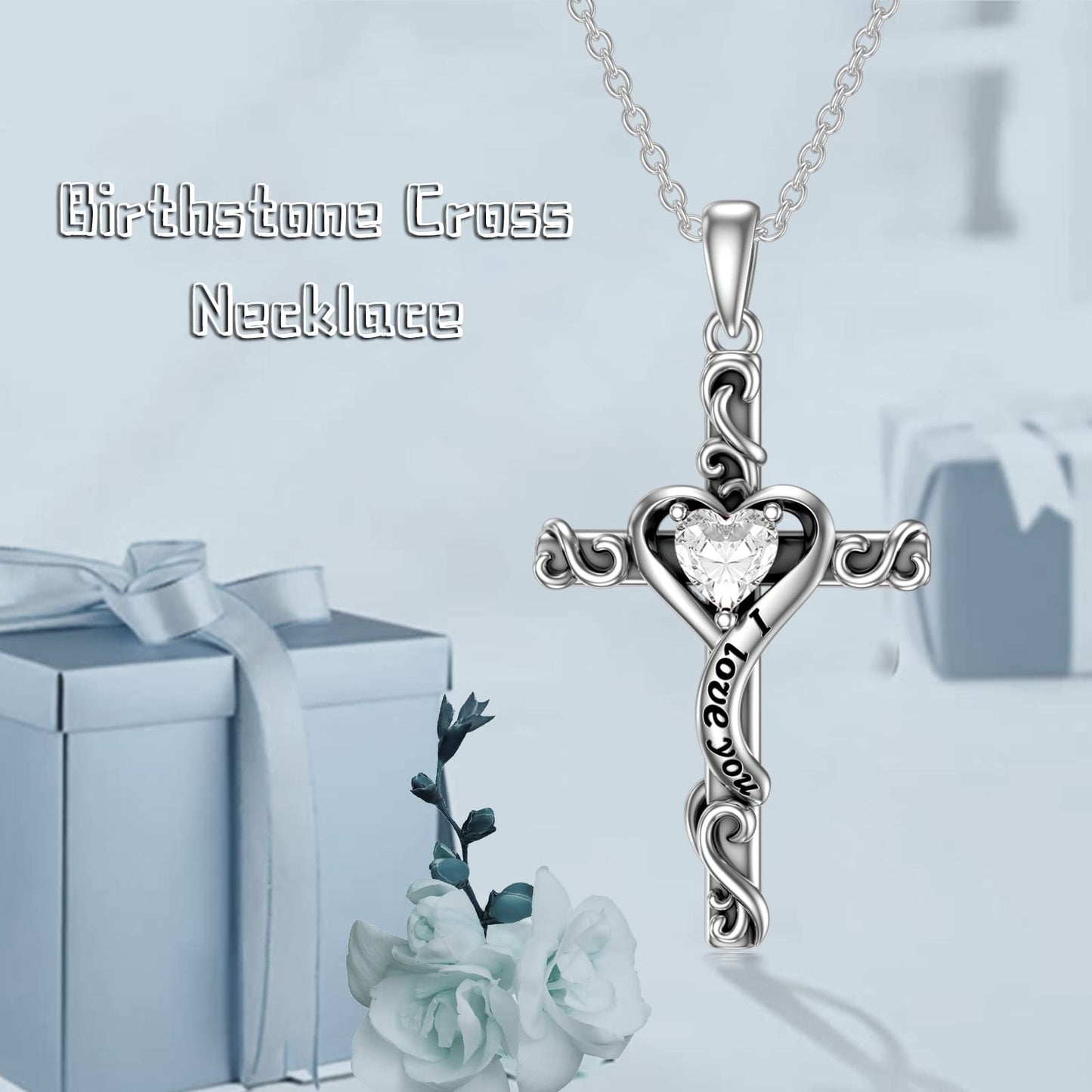 TOUPOP Diamond Cross Necklace for Women Sterling Silver April Birthstone Cross Pendant Necklace Heart Love Jewelry for Her Girlfriend Wife Mom Anniversary Birthday Mothers Day Gifts
