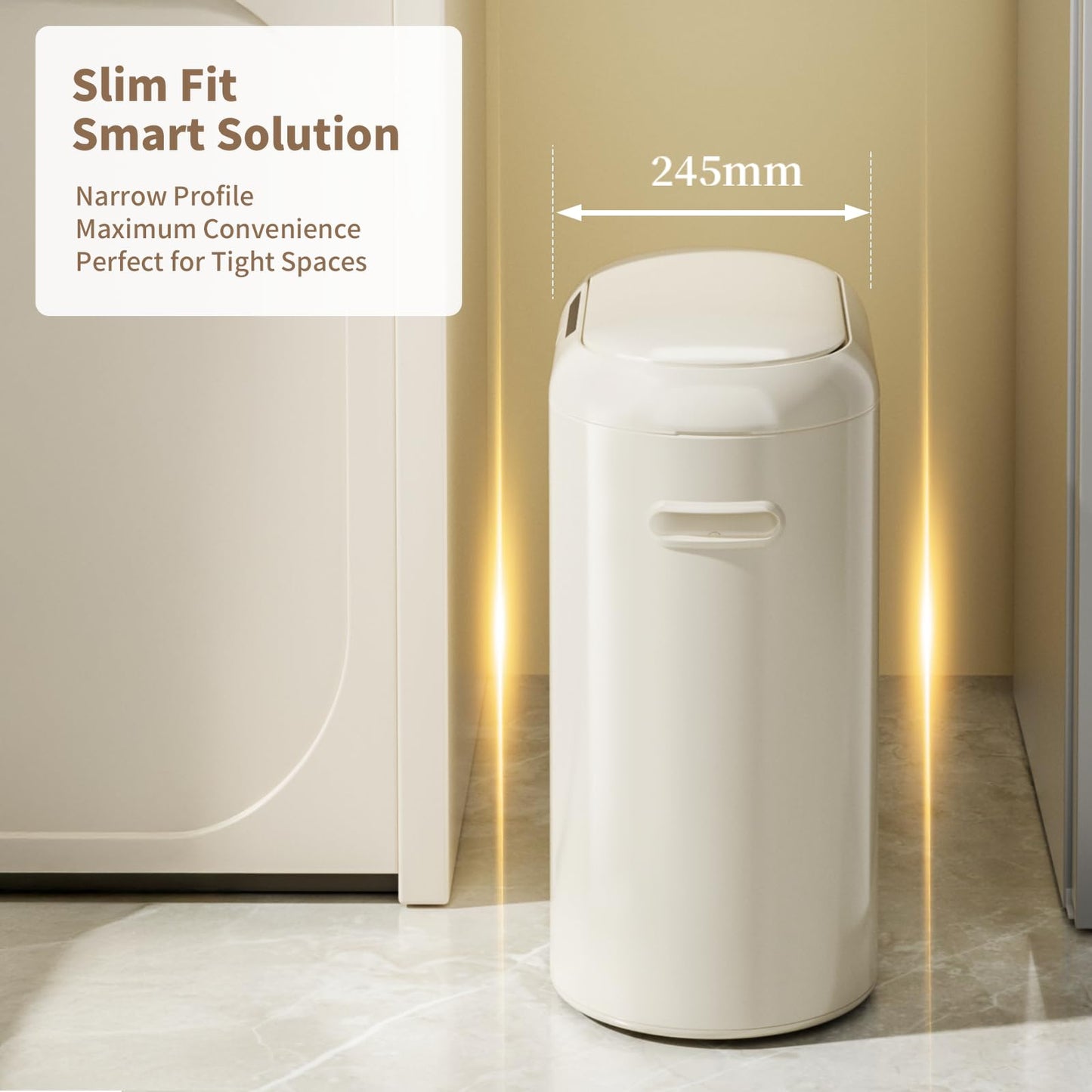 MRBIN Metal Kitchen Motion Sensor Trash Can with Lid, 10.5 Gallon Slim Automatic Waste Basket Touchless, Medium Commercial Covered Garbage Pail for Narrow Office, Bathroom, Dorm, Cream White