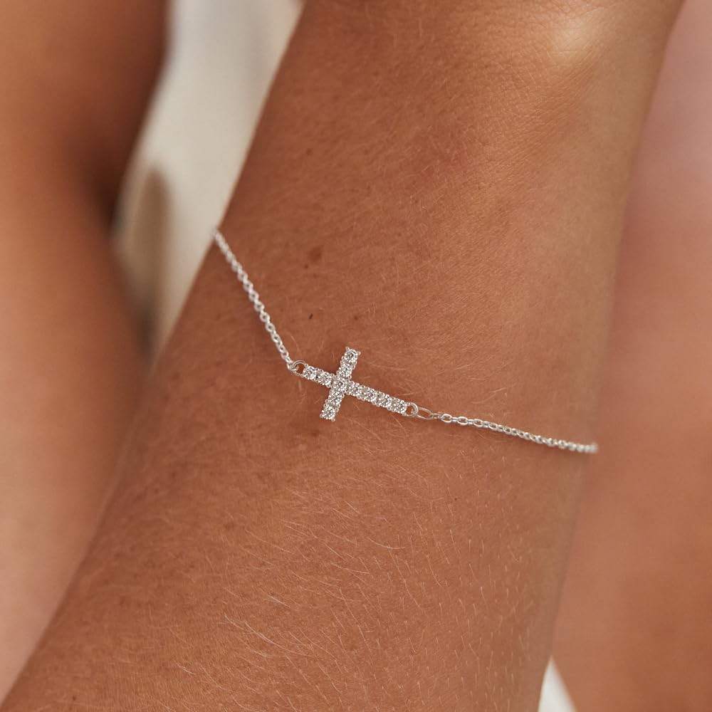 Tewiky Cross Bracelet for Women Dainty 14k Gold Plated Cubic Zirconia Cute Tiny Bracelet Confirmation Gifts for Women