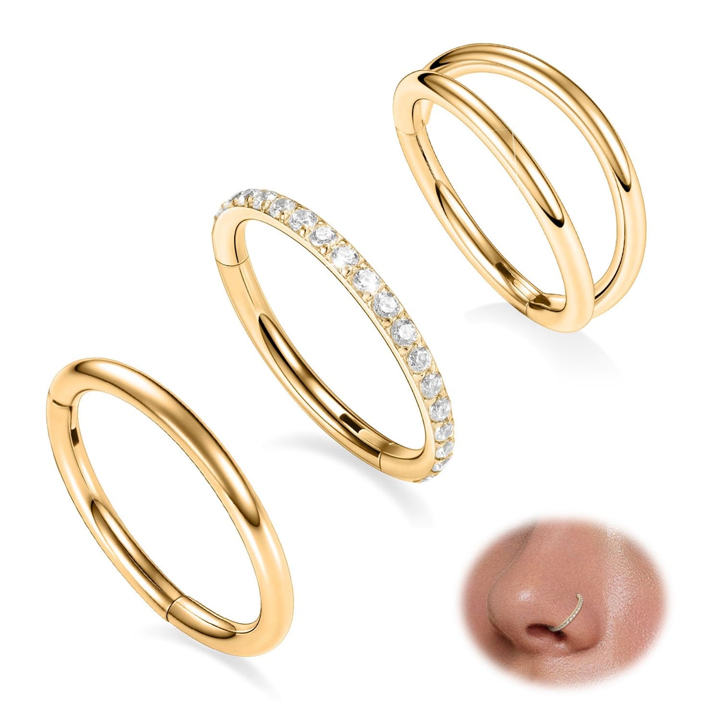 Septum Ring 6mm Septum Jewelry Double Hoop Septum Clicker Gold Conch Piercing Jewelry Nose Ring Hoop 20g Cartilage Earring with CZ Lip Rings Nose Hoop Surgical Steel Helix Earrings Nose Jewelry