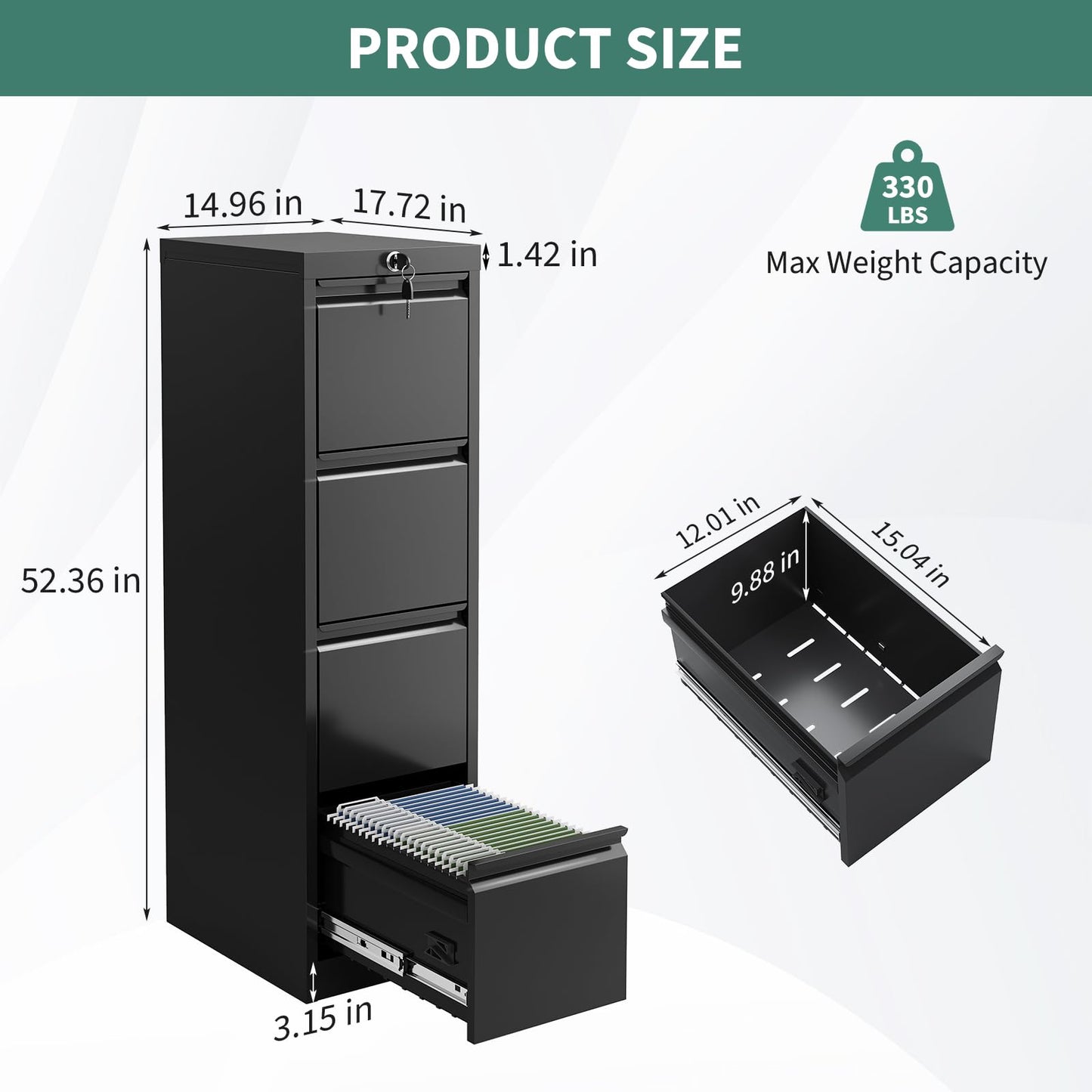 BouPower 4 Drawer File Cabinet with Lock, Metal Filing Cabinets, Vertical Small Filing Cabinet Steel Lockable Storage Cabinets for Home Office, Legal/Letter Size File