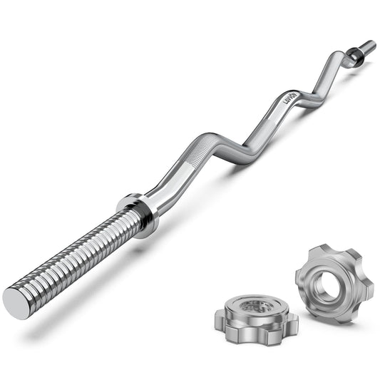 47" EZ Curl Bar Weight Lifting Bar, 1-inch Curling Bars for Weight lifting, Barbell bar for Hip Thrusts/Squats/Lunges for Gym and Home, With 2 Star Double Risk Star-nuts (220lb Weight Capacity) (Silver)