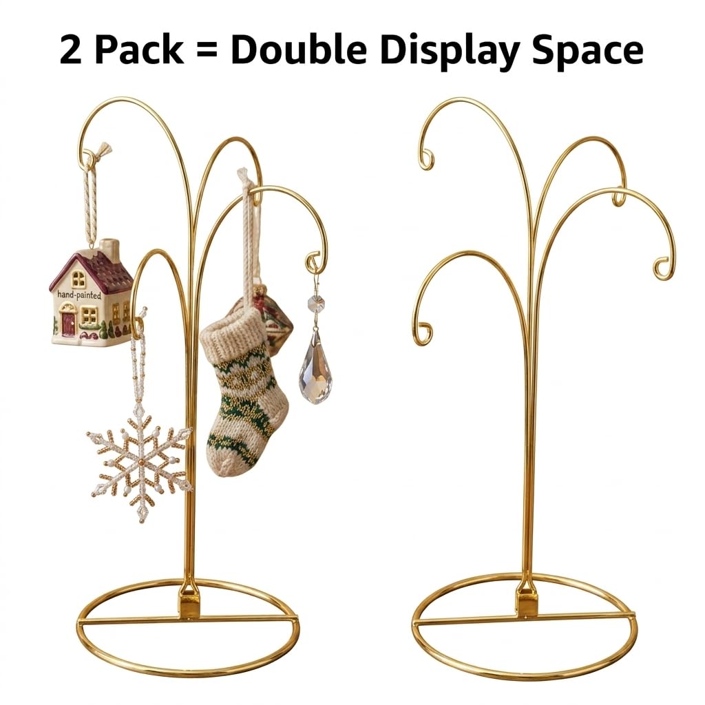 HOHIYA Ornament Display Stand 12 Inch 4-Arm Metal Holder for Christmas Ornaments Glass and Crystal Ball Decorations Art Craft Hanging Hanger Brass Gold 2 Pack