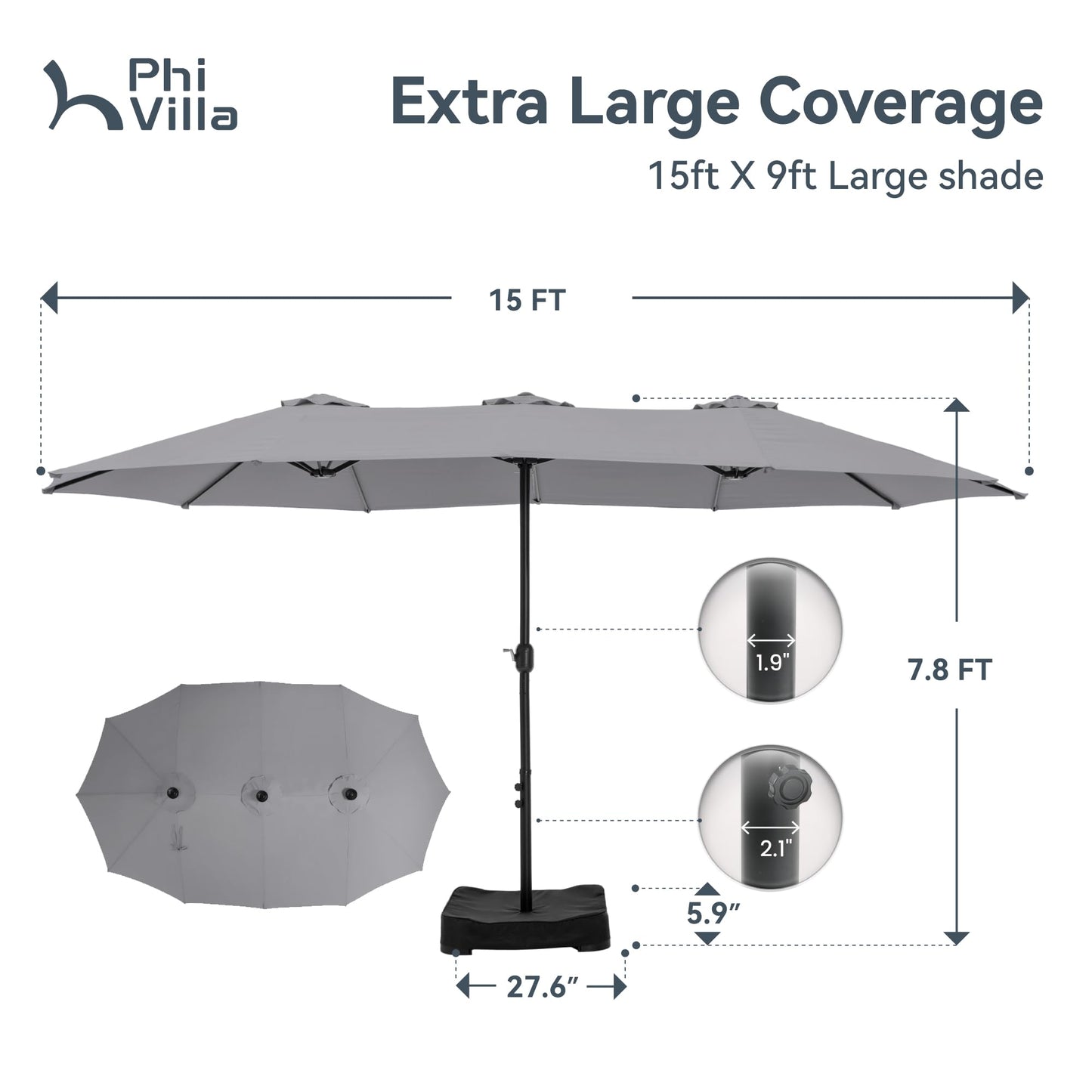 PHI VILLA 15ft Large Patio Umbrellas with Base, Outdoor Double-Sided Rectangle Market Umbrella for Pool Lawn Garden, Light Gray