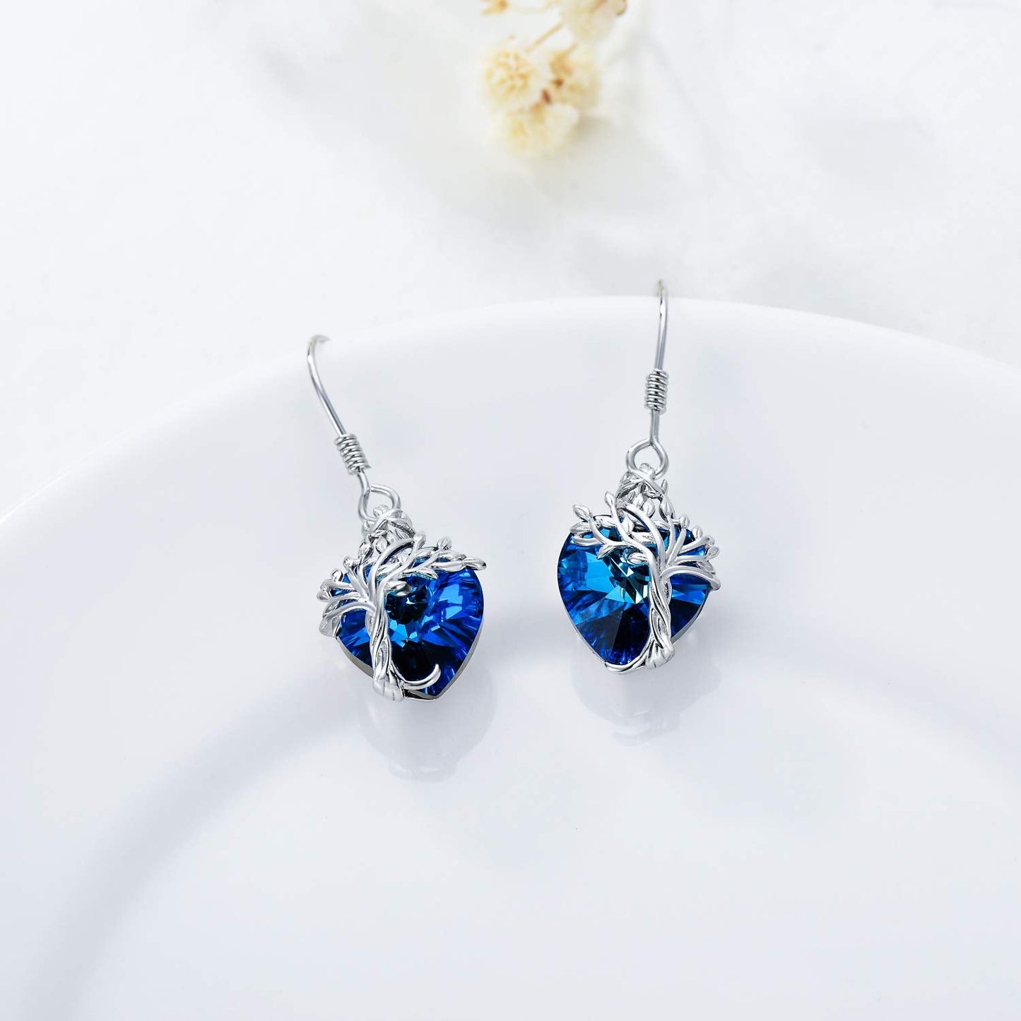 TOUPOP Heart Sapphire Earrings Sterling Silver Tree of Life Earrings September Birthstone Jewelry Birthday Mothers Day Gifts for Women Mom Her