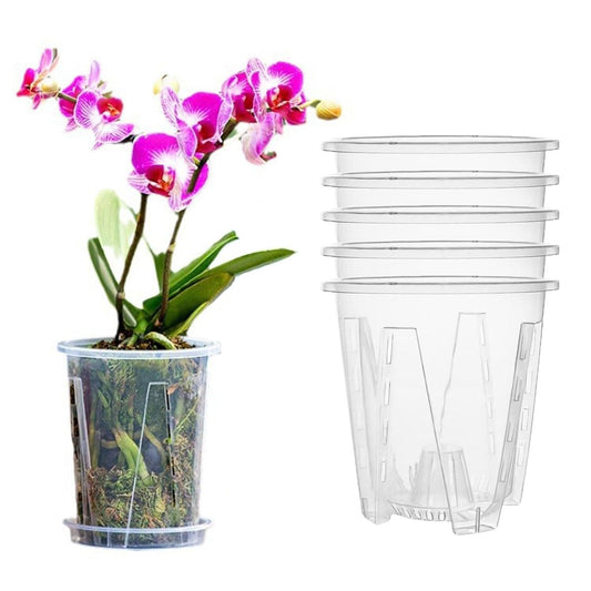 5 Pack Transparent Plastic Garden Pots Clear Orchid Pots with Holes and Saucers for Repotting Breathable Slotted Plastic Orchid Planters with Drainage for Indoor Outdoor Plants and Flowers (4 inch)