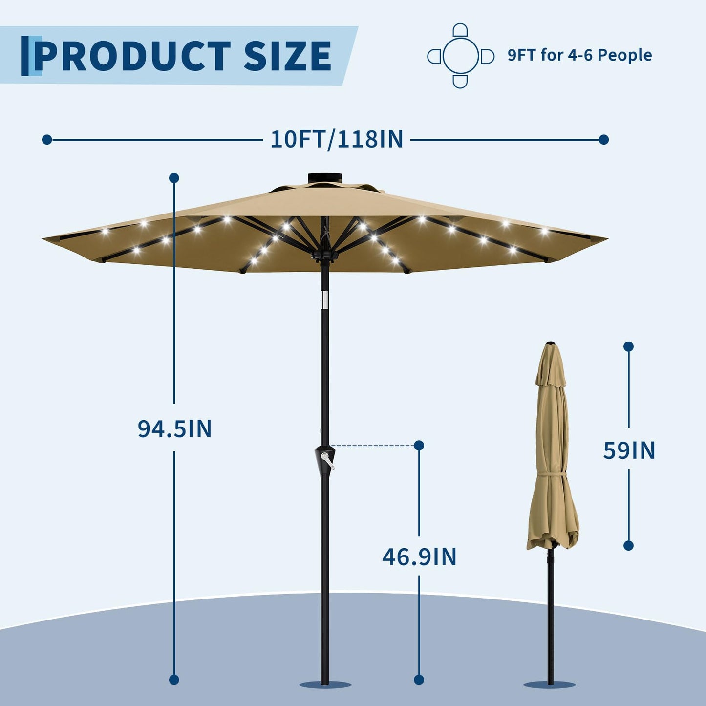 GarveeLife 10FT Patio Umbrella Outdoor, Table Umbrella with solar lights, 8 Sturdy Ribs UV Protection Waterproof for Garden, Pool, Deck (Tan)